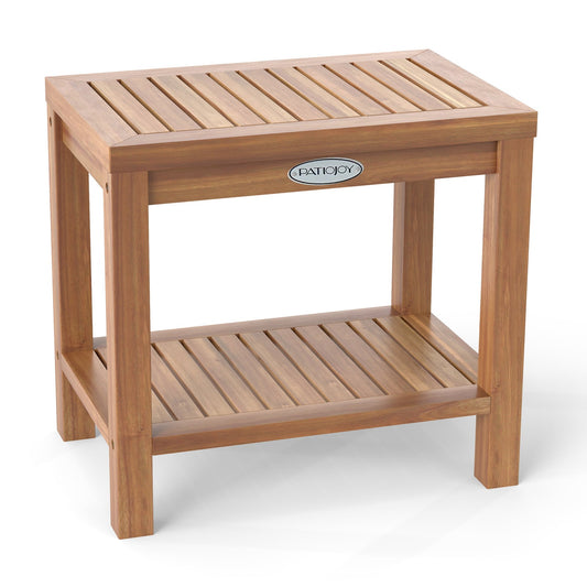 19 Inch Teak Wood Shower Bench With Storage Shelf, Natural