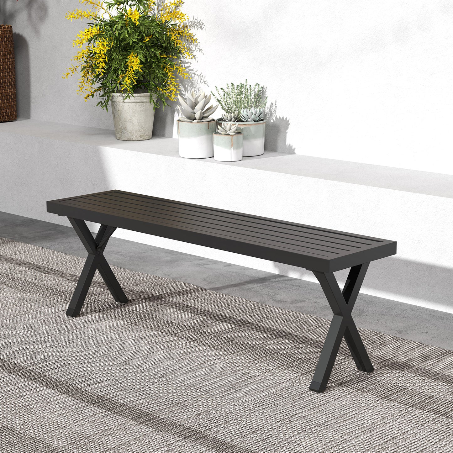 Patio Metal Bench with Slatted Seat and X Legs, Black Outdoor Benches at Gallery Canada