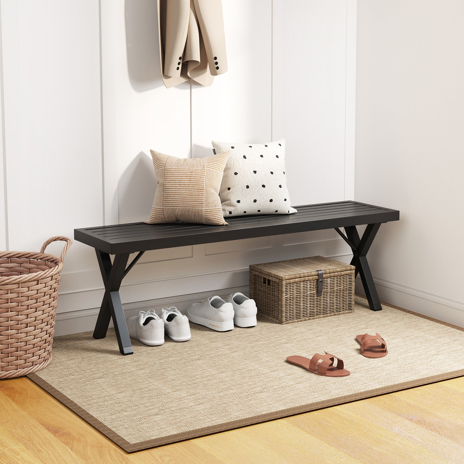 Patio Metal Bench with Slatted Seat and X Legs, Black Outdoor Benches at Gallery Canada