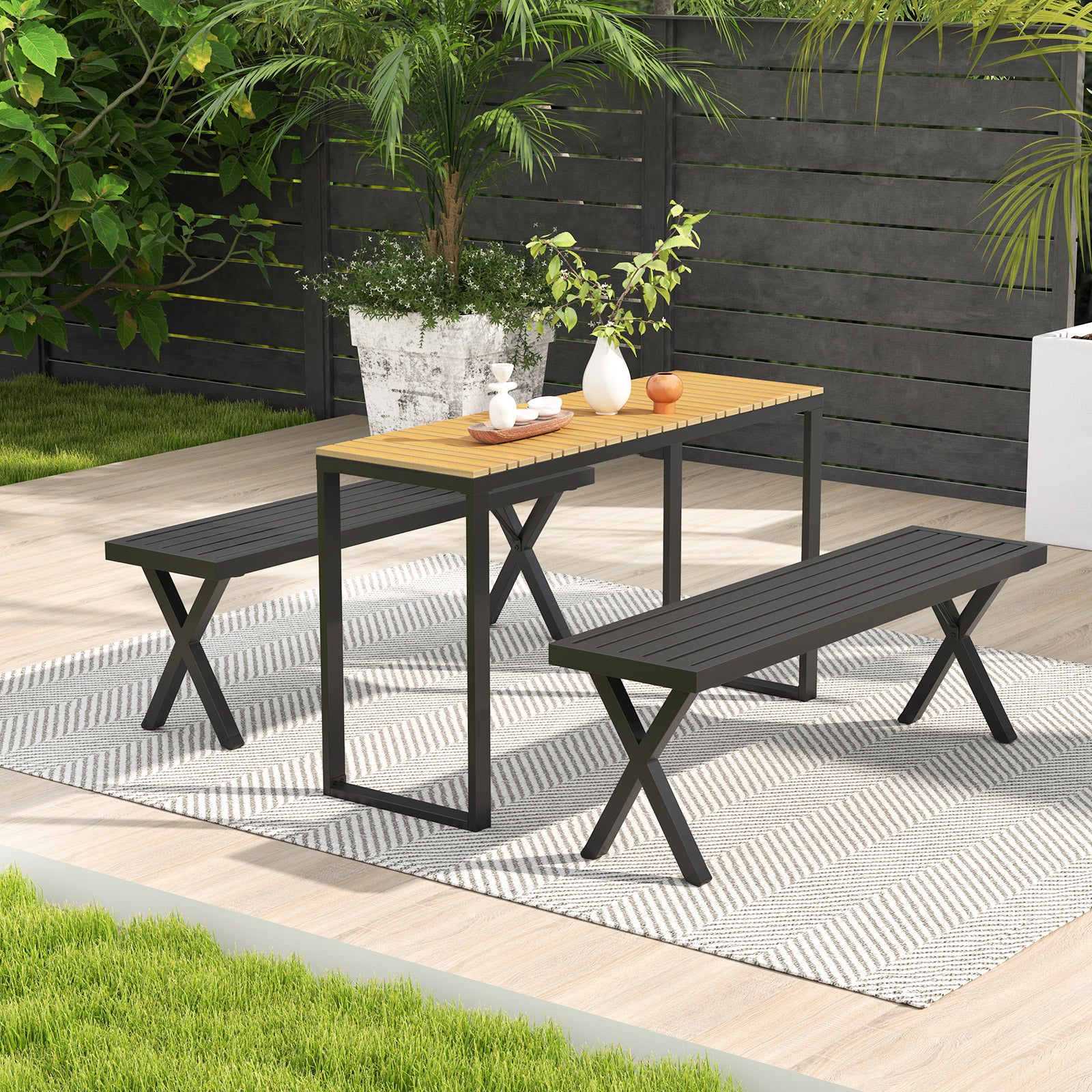 Patio Metal Bench with Slatted Seat and X Legs, Black Outdoor Benches at Gallery Canada