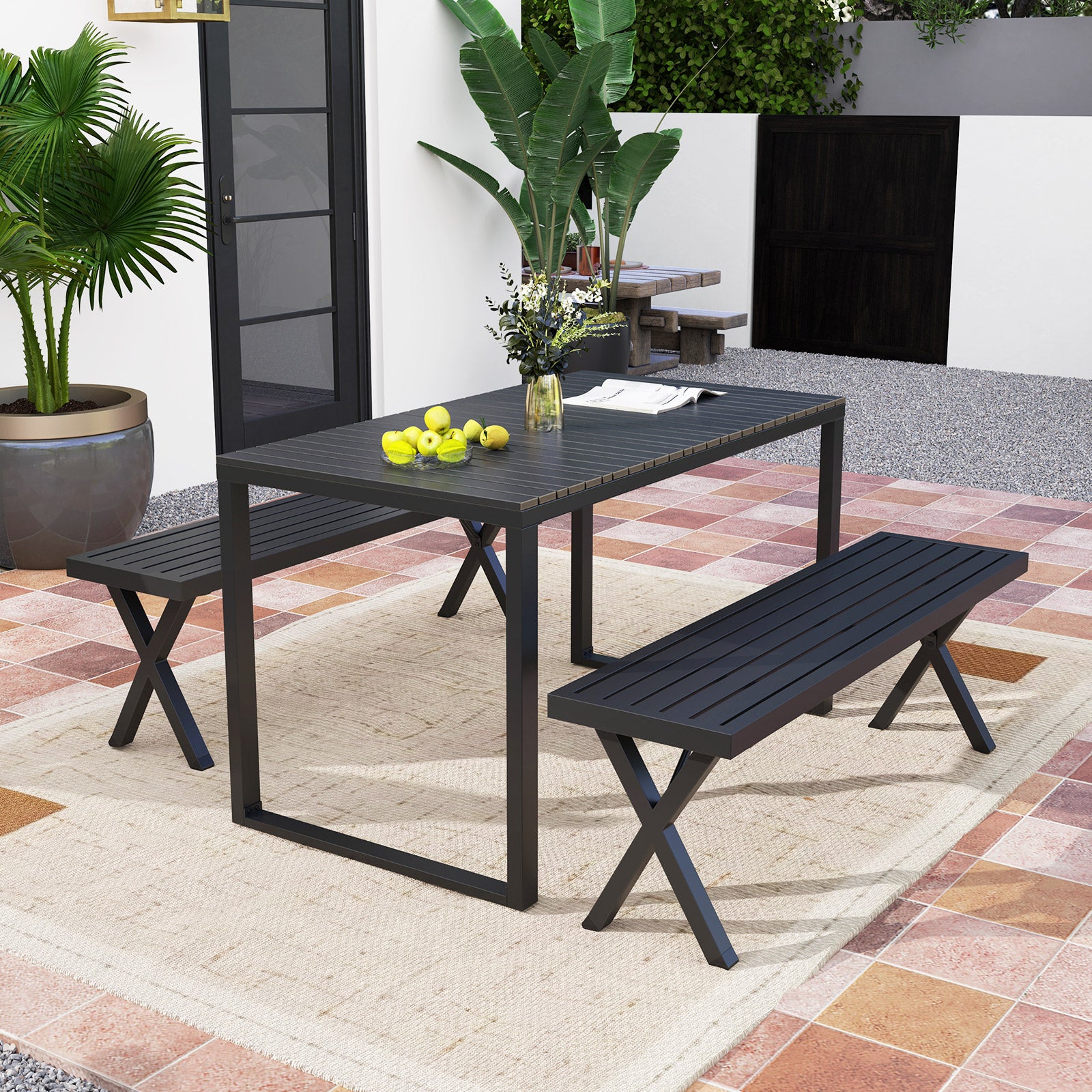 Patio Metal Bench with Slatted Seat and X Legs, Black Outdoor Benches at Gallery Canada