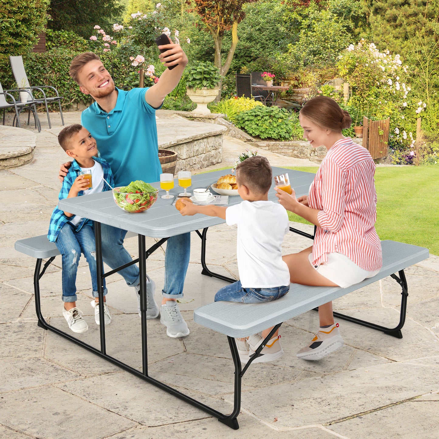 Folding Picnic Table Bench Set, Indoor Outdoor, Wood-Like Texture, Gray Picnic Tables Gray at Gallery Canada