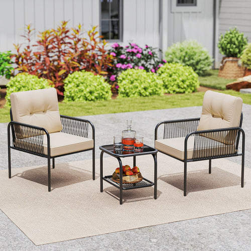 3 Pieces Patio Bistro PE Outdoor Wicker Rattan Furniture Conversation Set, Beige