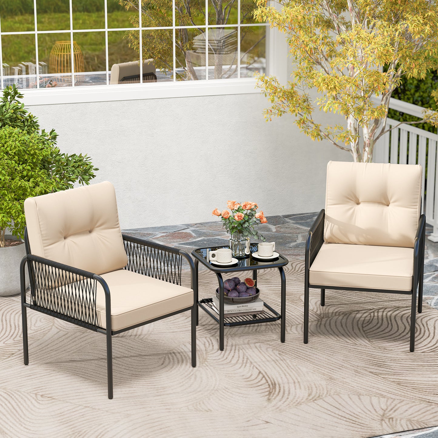 3 Pieces Patio Bistro PE Outdoor Wicker Rattan Furniture Conversation Set, Beige Patio Conversation Sets at Gallery Canada