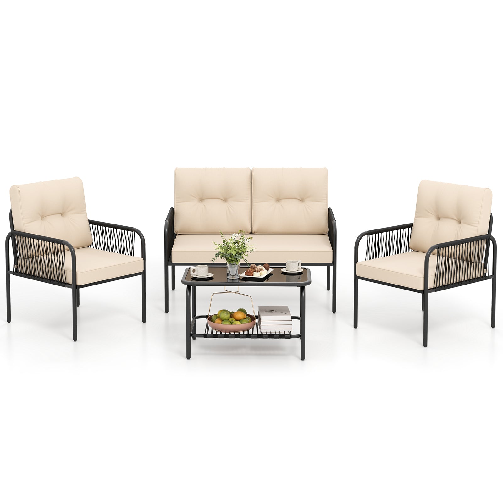 4 Piece Patio Furniture Set, PE Rattan Sofa With Loveseat, Beige Patio Conversation Sets at Gallery Canada