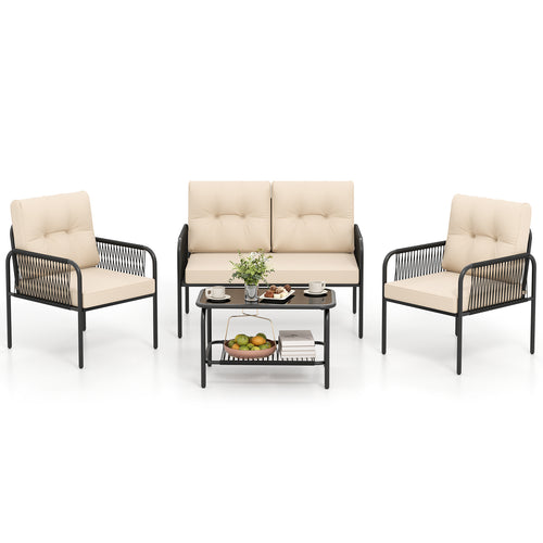 4 Piece Patio Furniture Set, PE Rattan Sofa With Loveseat, Beige