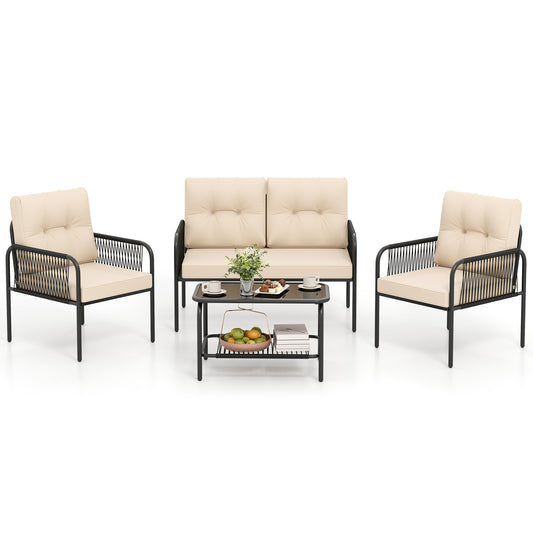 4 Piece Patio Furniture Set, PE Rattan Sofa With Loveseat, Beige Patio Conversation Sets Beige at Gallery Canada