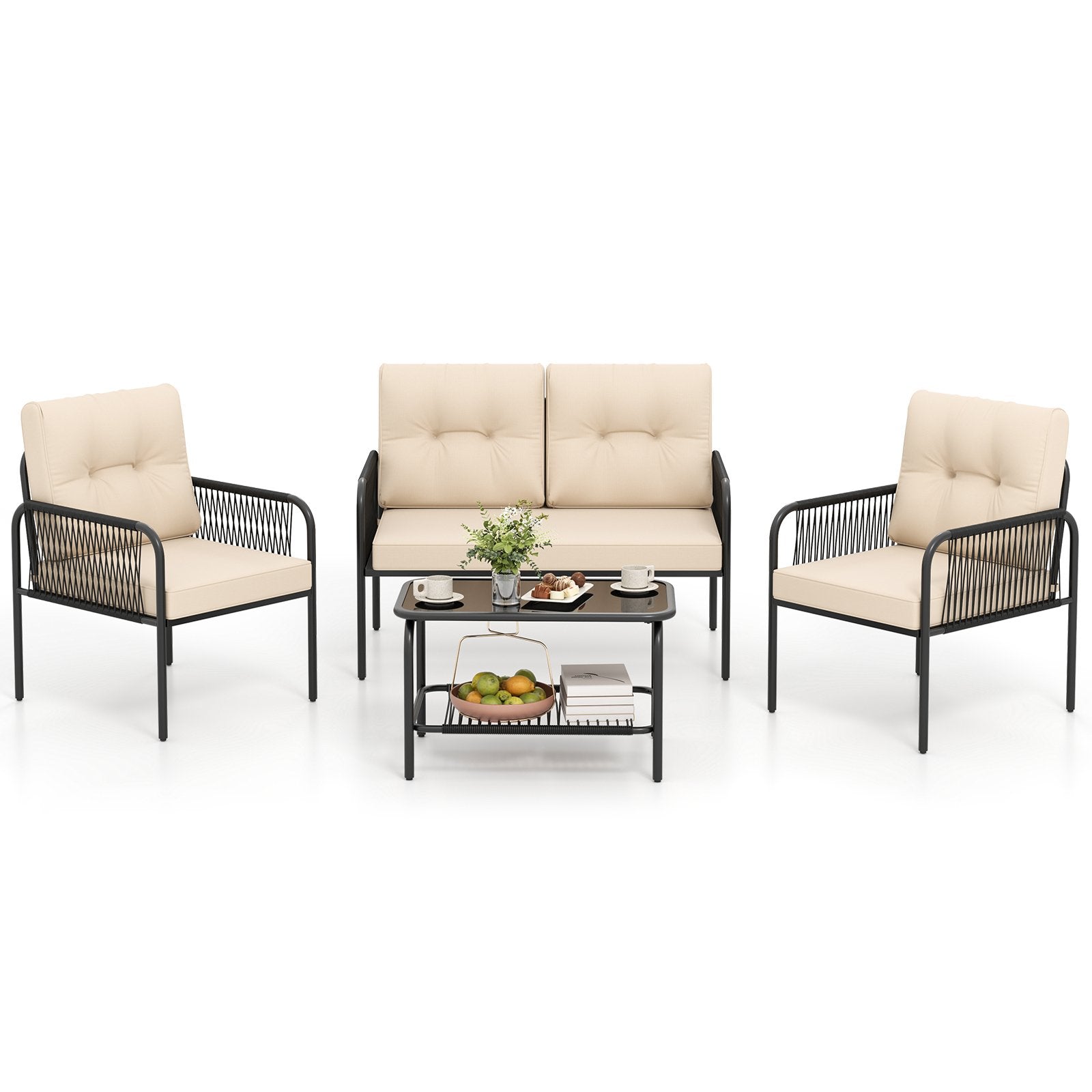 4 Pieces Patio Furniture Set PE Rattan Sofa Chairs with Loveseat, Beige Patio Conversation Sets Beige at Gallery Canada