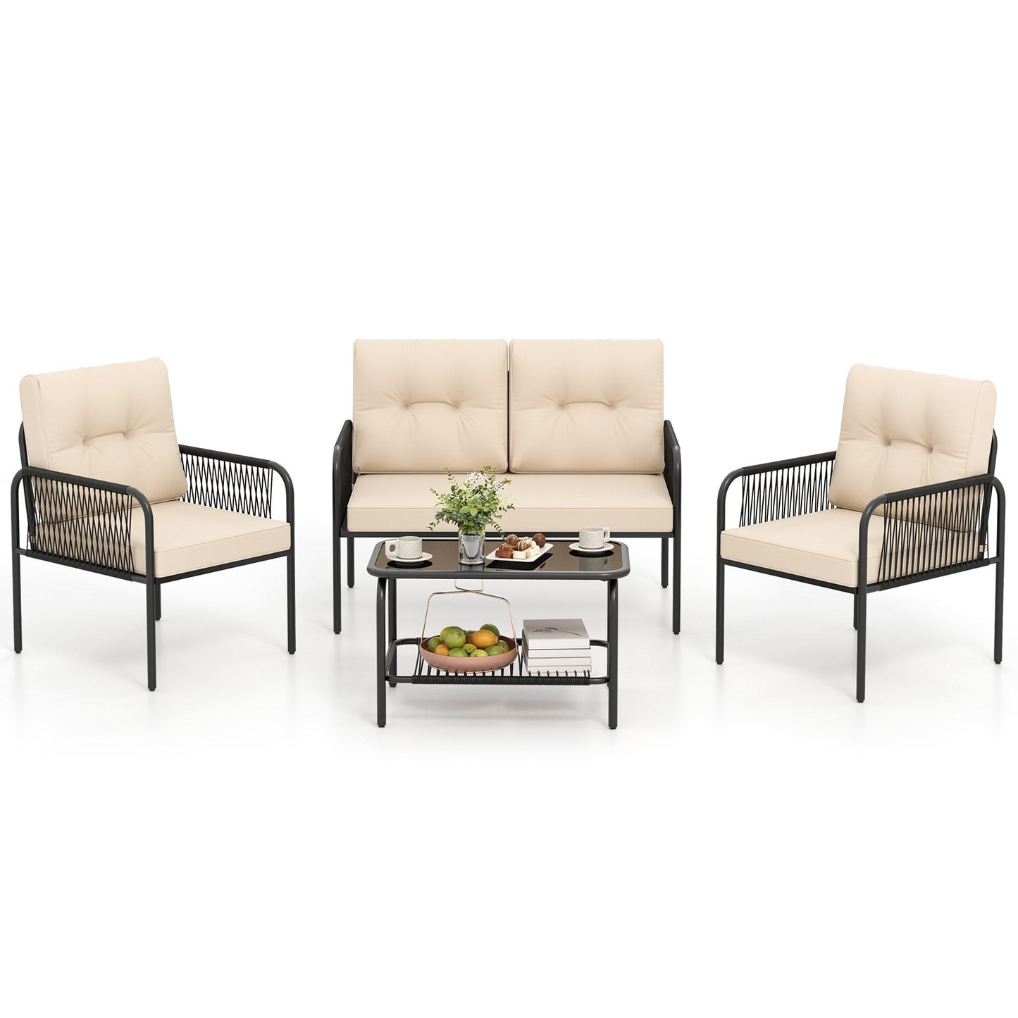 4 Pieces Patio Furniture Set PE Rattan Sofa Chairs with Loveseat, Beige Patio Conversation Sets Beige at Gallery Canada