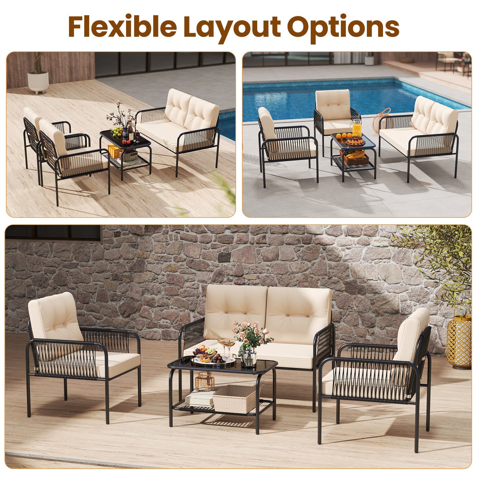 4 Pieces Patio Furniture Set PE Rattan Sofa Chairs with Loveseat, Beige Patio Conversation Sets at Gallery Canada