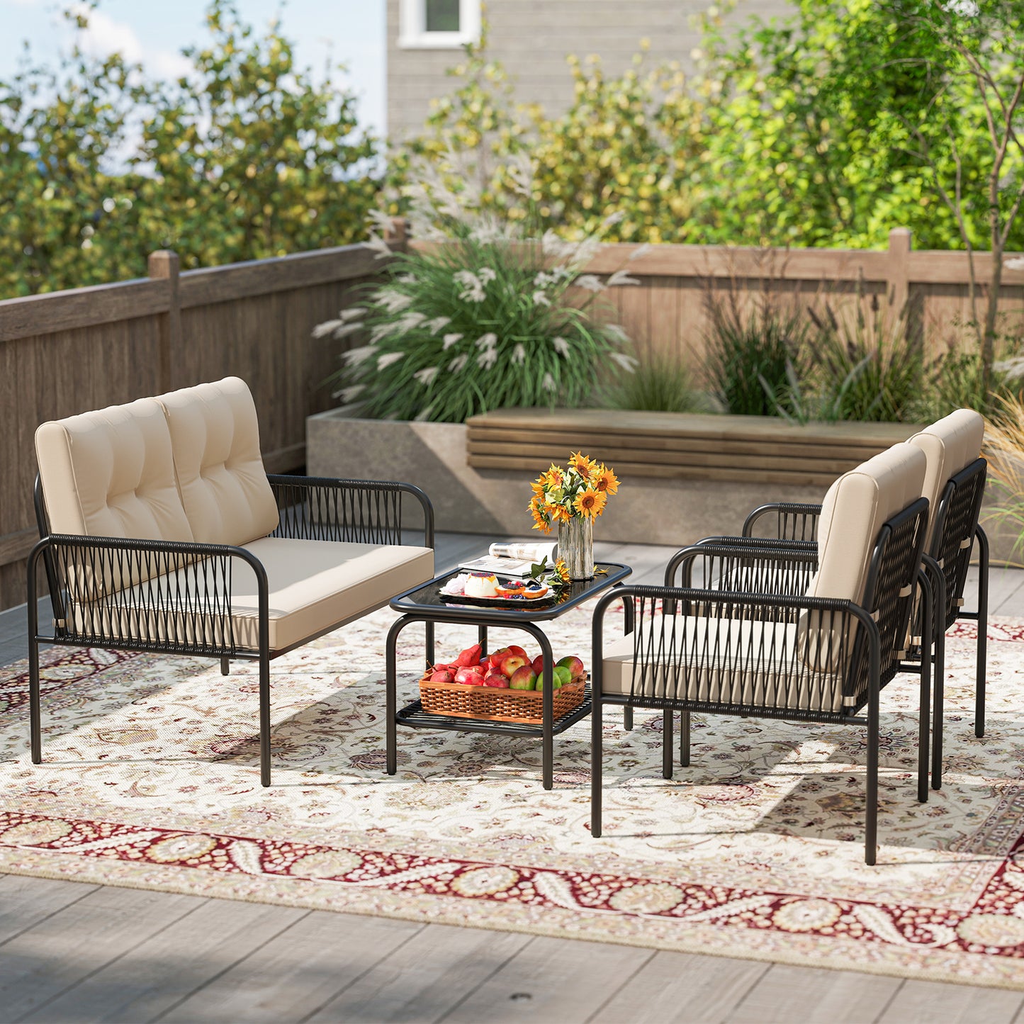 4 Pieces Patio Furniture Set PE Rattan Sofa Chairs with Loveseat, Beige Patio Conversation Sets at Gallery Canada