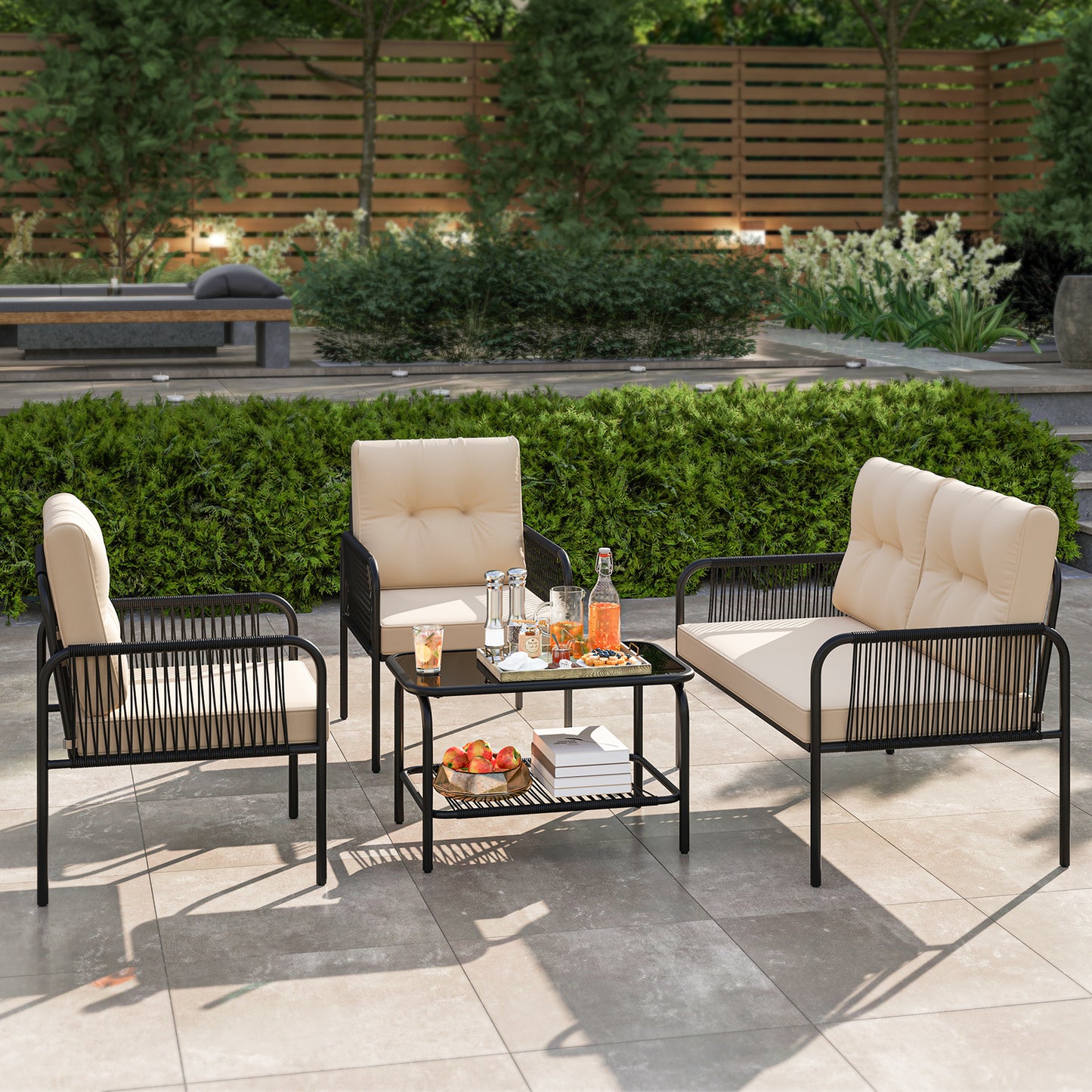 4 Pieces Patio Furniture Set PE Rattan Sofa Chairs with Loveseat, Beige Patio Conversation Sets at Gallery Canada