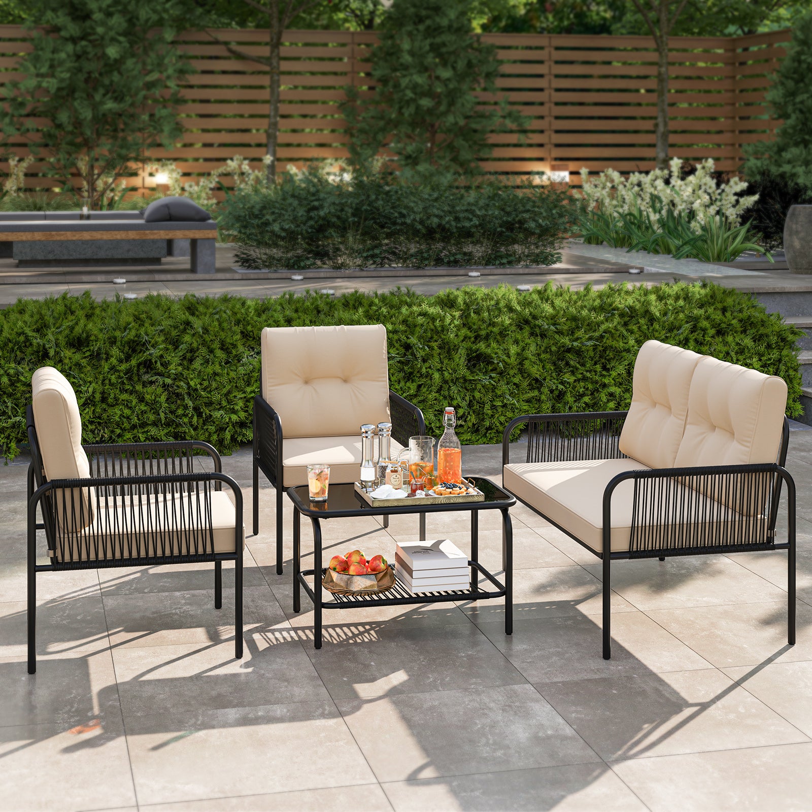 4 Pieces Patio Furniture Set PE Rattan Sofa Chairs with Loveseat, Beige Patio Conversation Sets at Gallery Canada
