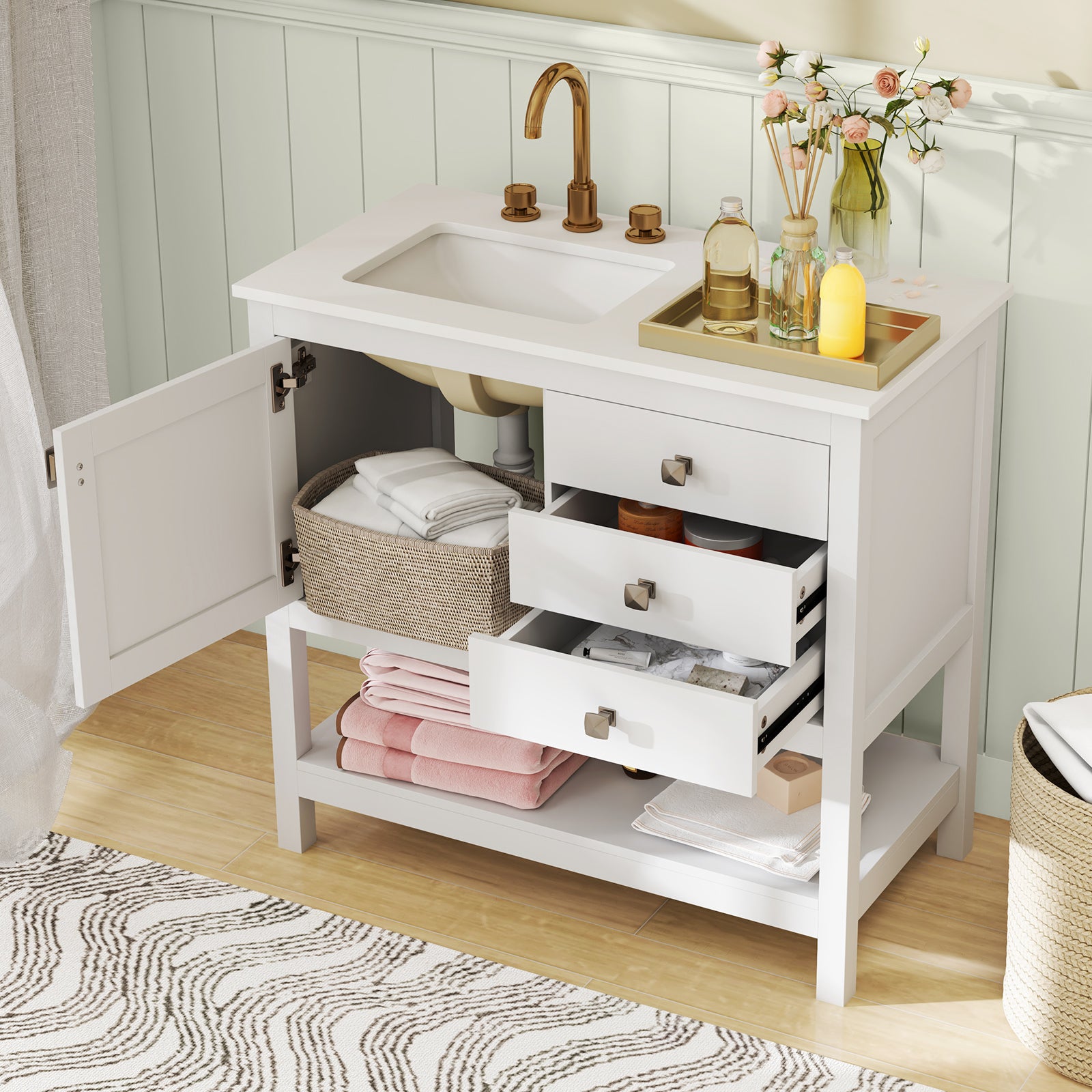 Freestanding Bathroom Vanity Unit with Basin Floor Storage Cabinet, White Floor Cabinets at Gallery Canada