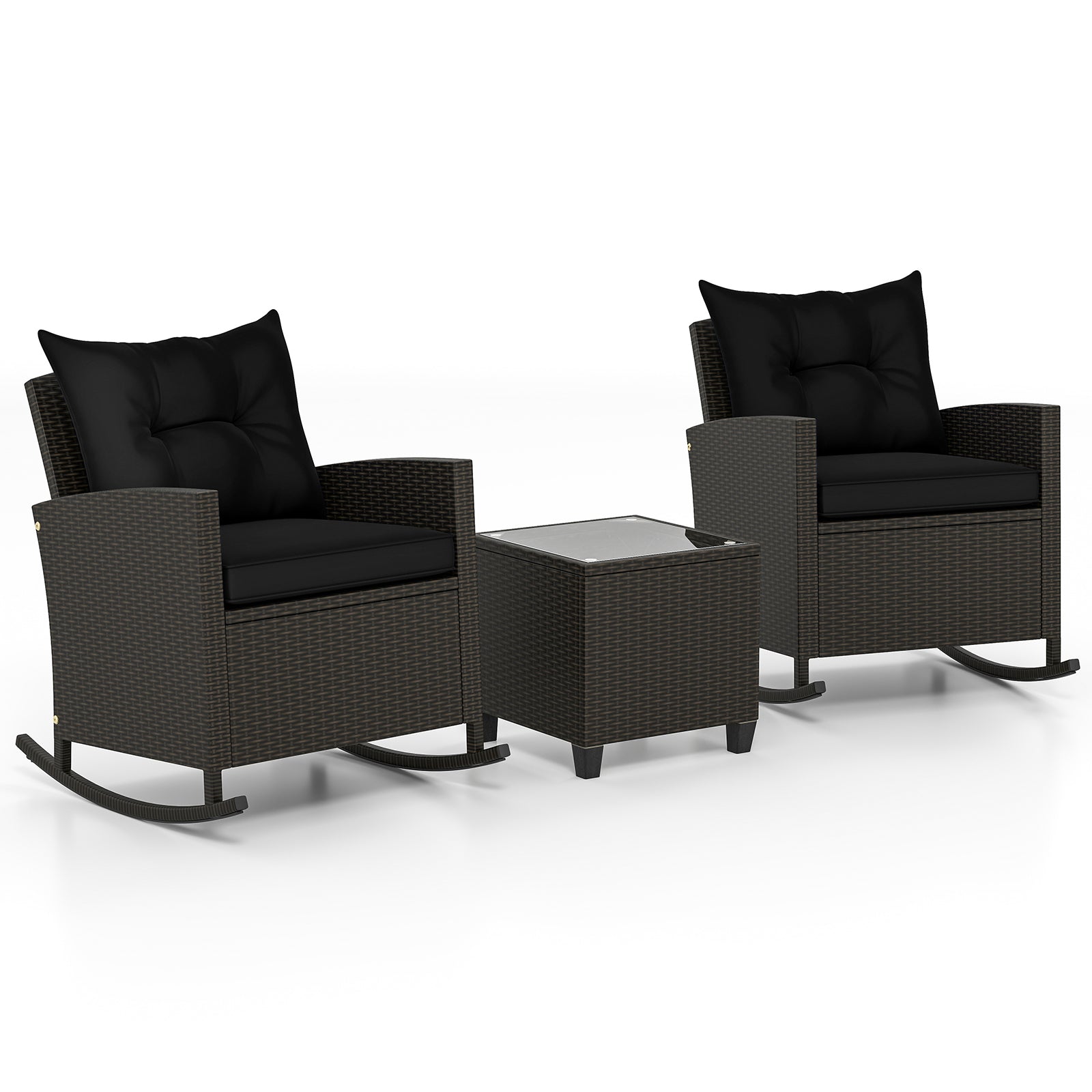 3-Piece Patio Rattan Rocker Chairs, Tempered Glass Table, Black Patio Conversation Sets Black at Gallery Canada