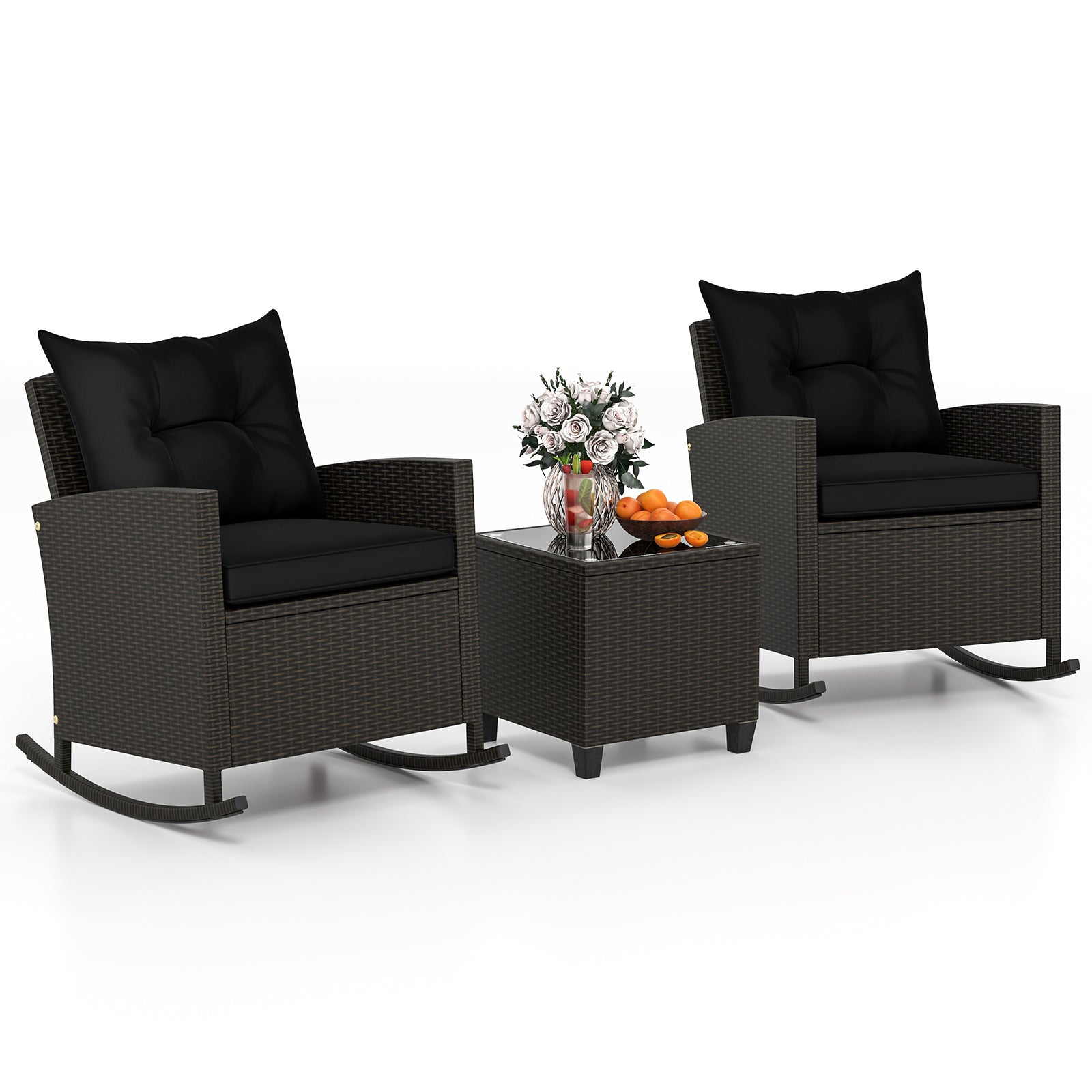 3-Piece Patio Rattan Rocker Chairs, Tempered Glass Table, Black Patio Conversation Sets at Gallery Canada