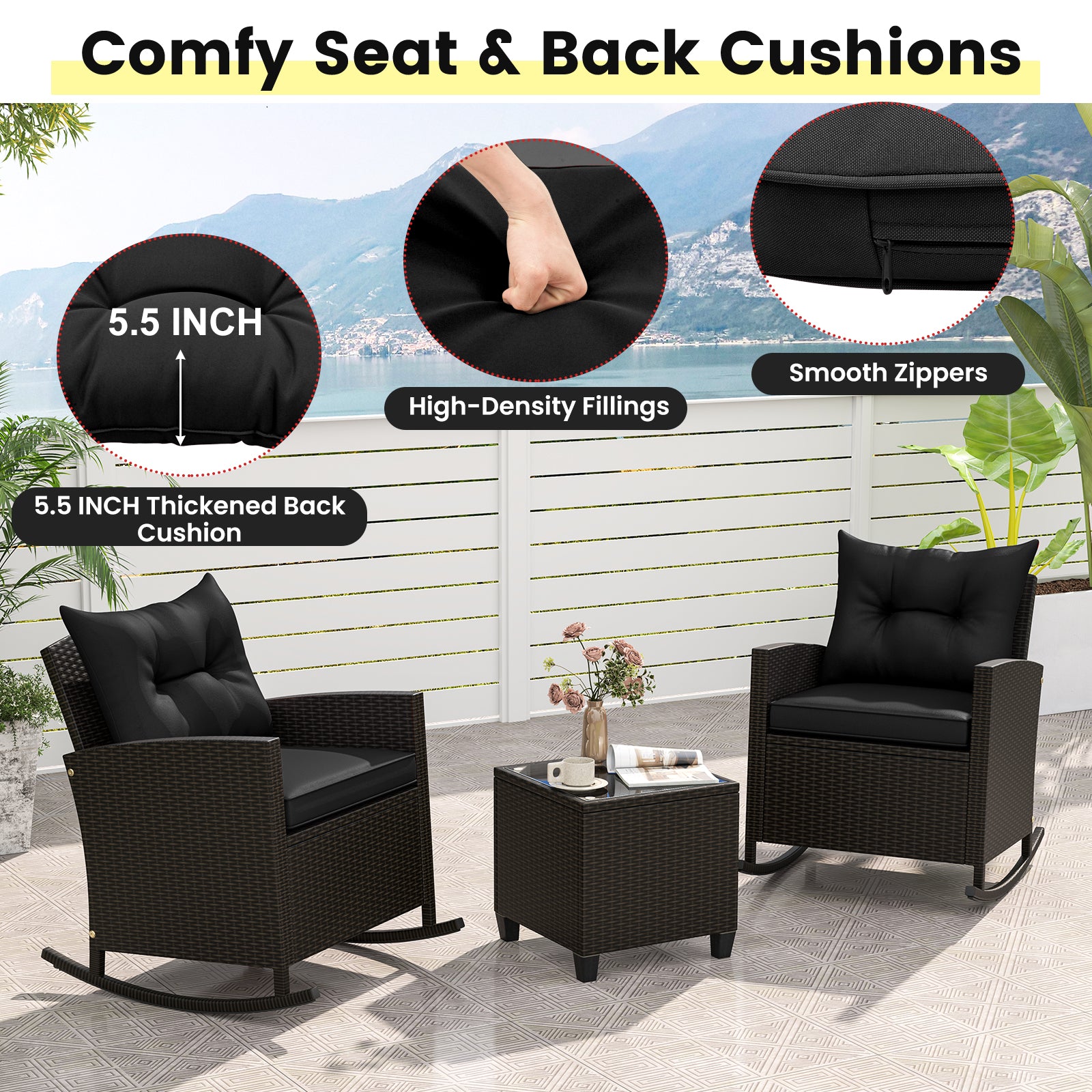 3-Piece Patio Rattan Rocker Chairs, Tempered Glass Table, Black Patio Conversation Sets at Gallery Canada