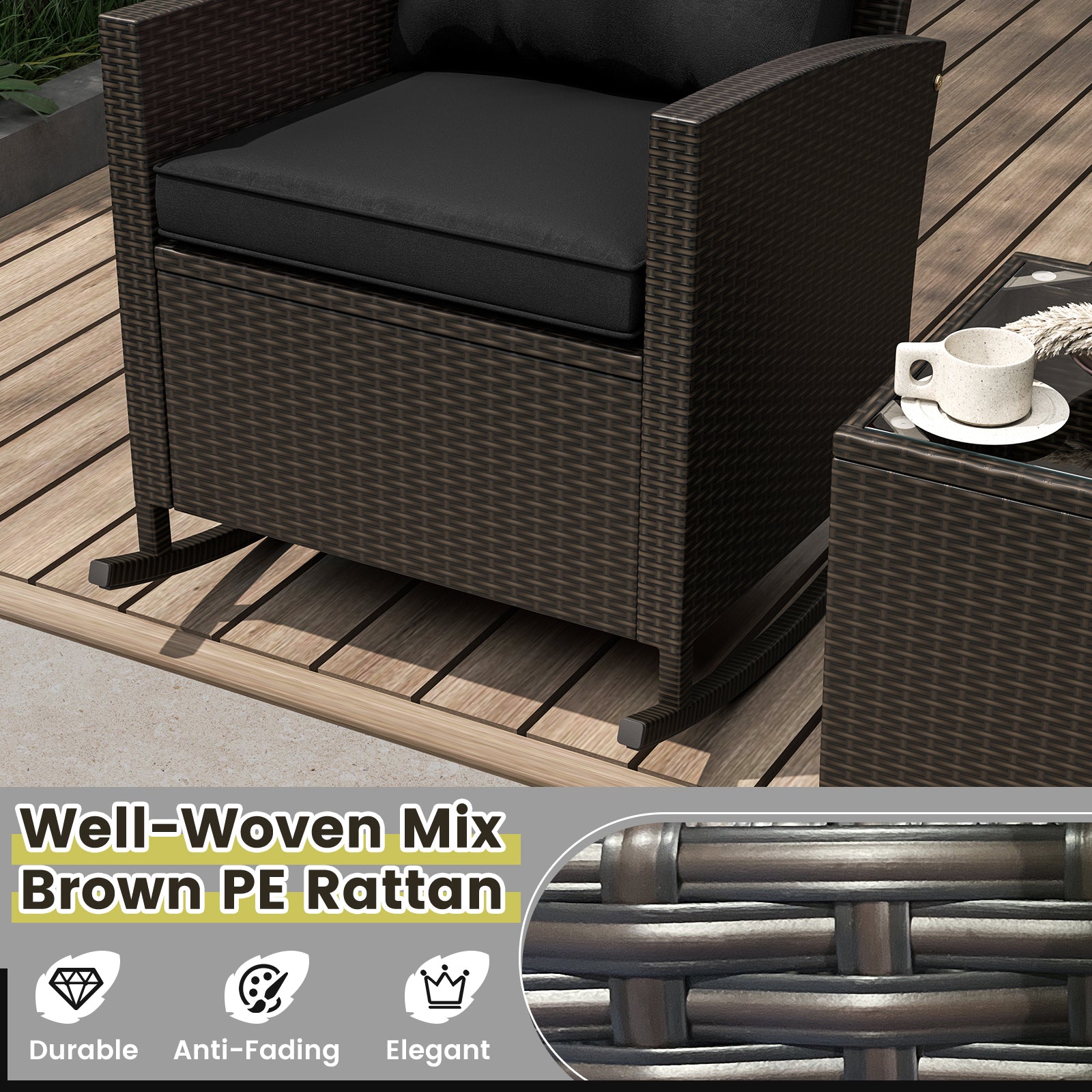 3-Piece Patio Rattan Rocker Chairs, Tempered Glass Table, Black Patio Conversation Sets at Gallery Canada