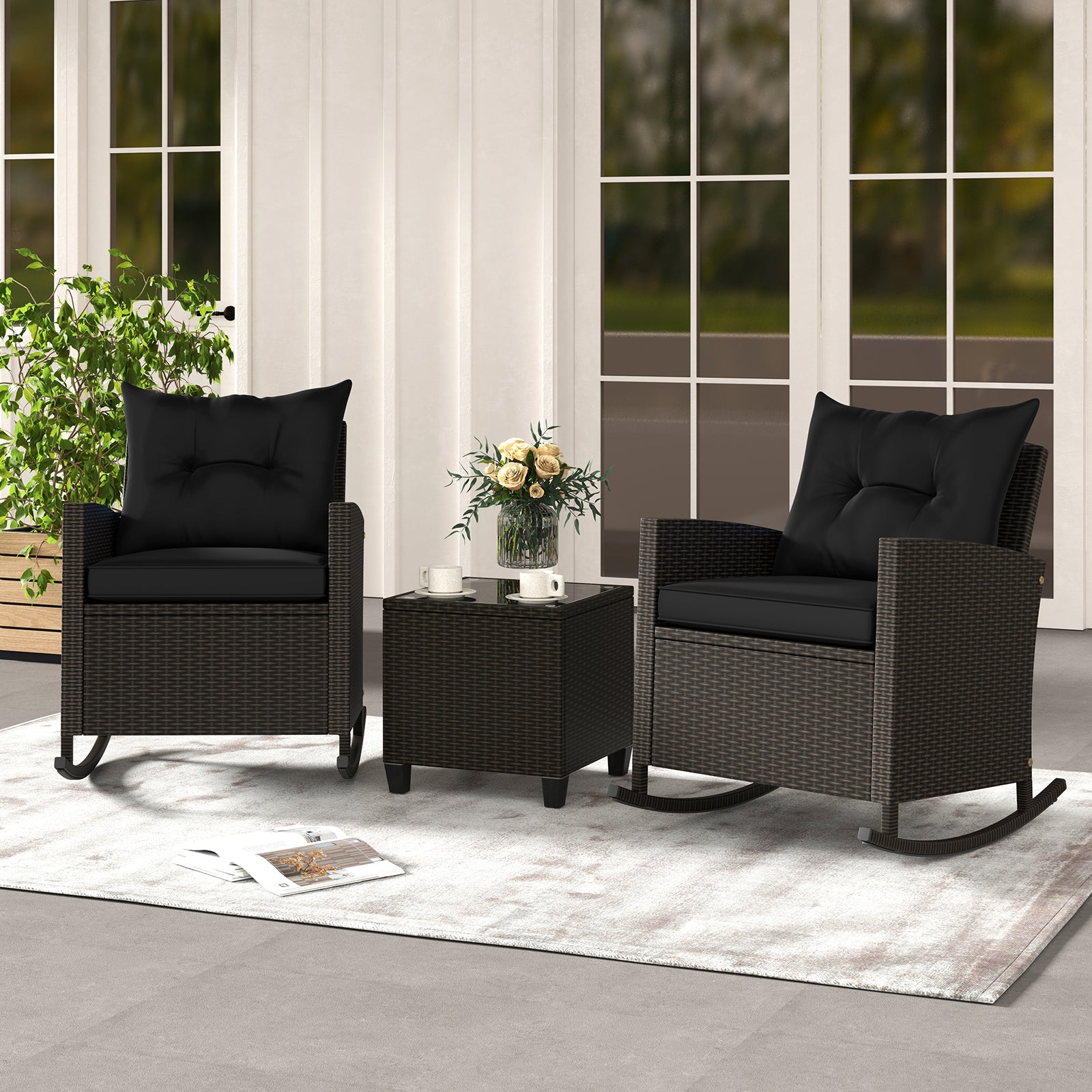 3-Piece Patio Rattan Rocker Chairs, Tempered Glass Table, Black Patio Conversation Sets at Gallery Canada