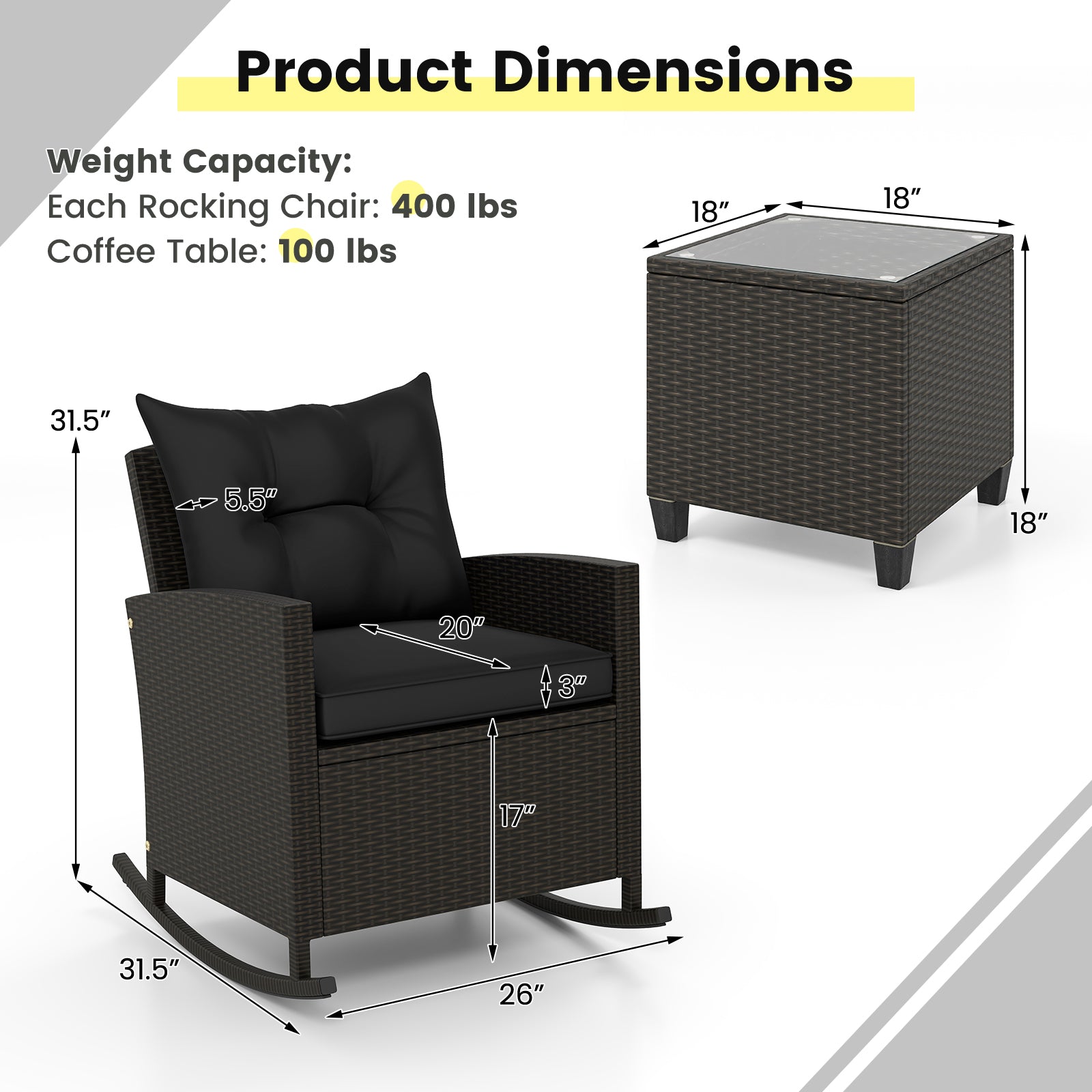 3-Piece Patio Rattan Rocker Chairs, Tempered Glass Table, Black Patio Conversation Sets at Gallery Canada