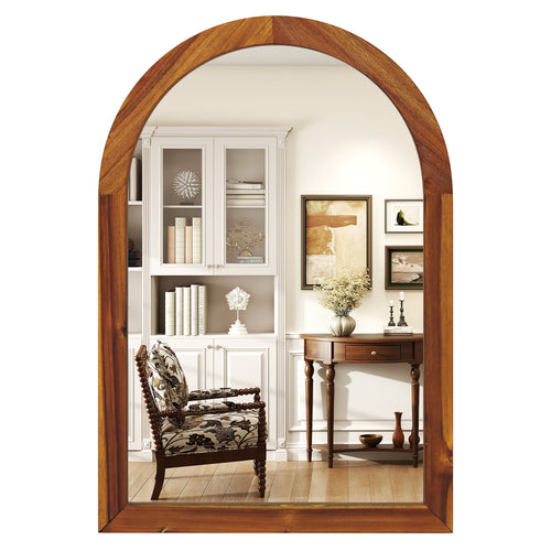 24 Inch x 35 Inch Arched Wall Mirror, Solid Acacia Wood Frame, Brown