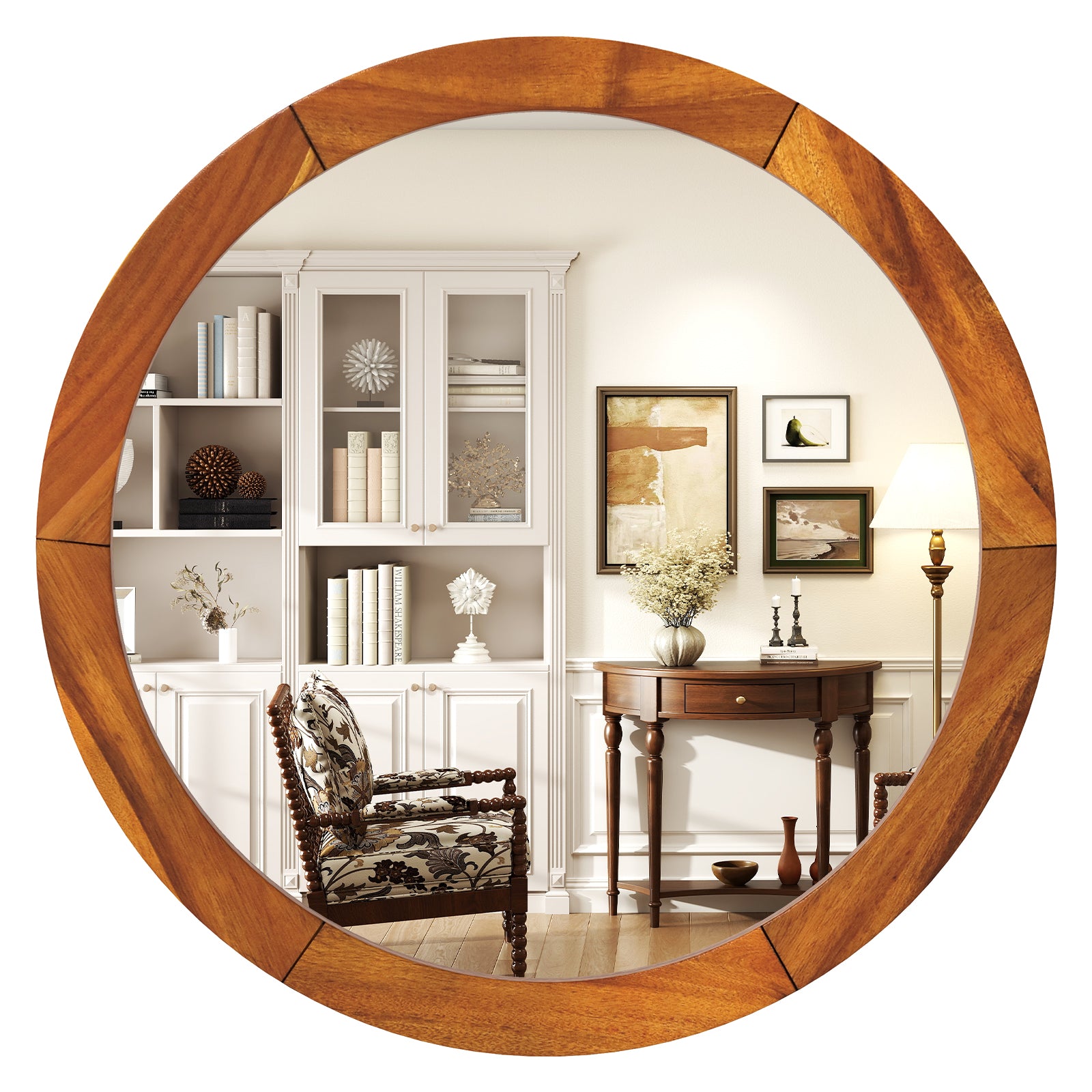 27 Inch Round Wall Mirror with Solid Acacia Wood Frame, Brown Wall Mirrors at Gallery Canada