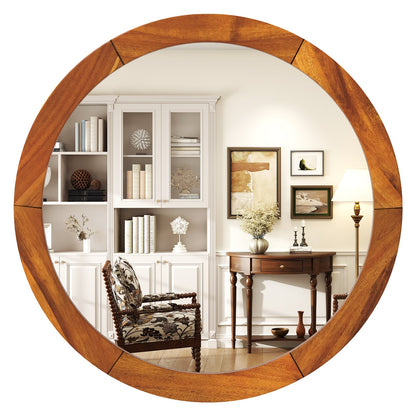 27 Inch Round Wall Mirror, Solid Acacia Wood Frame, Brown