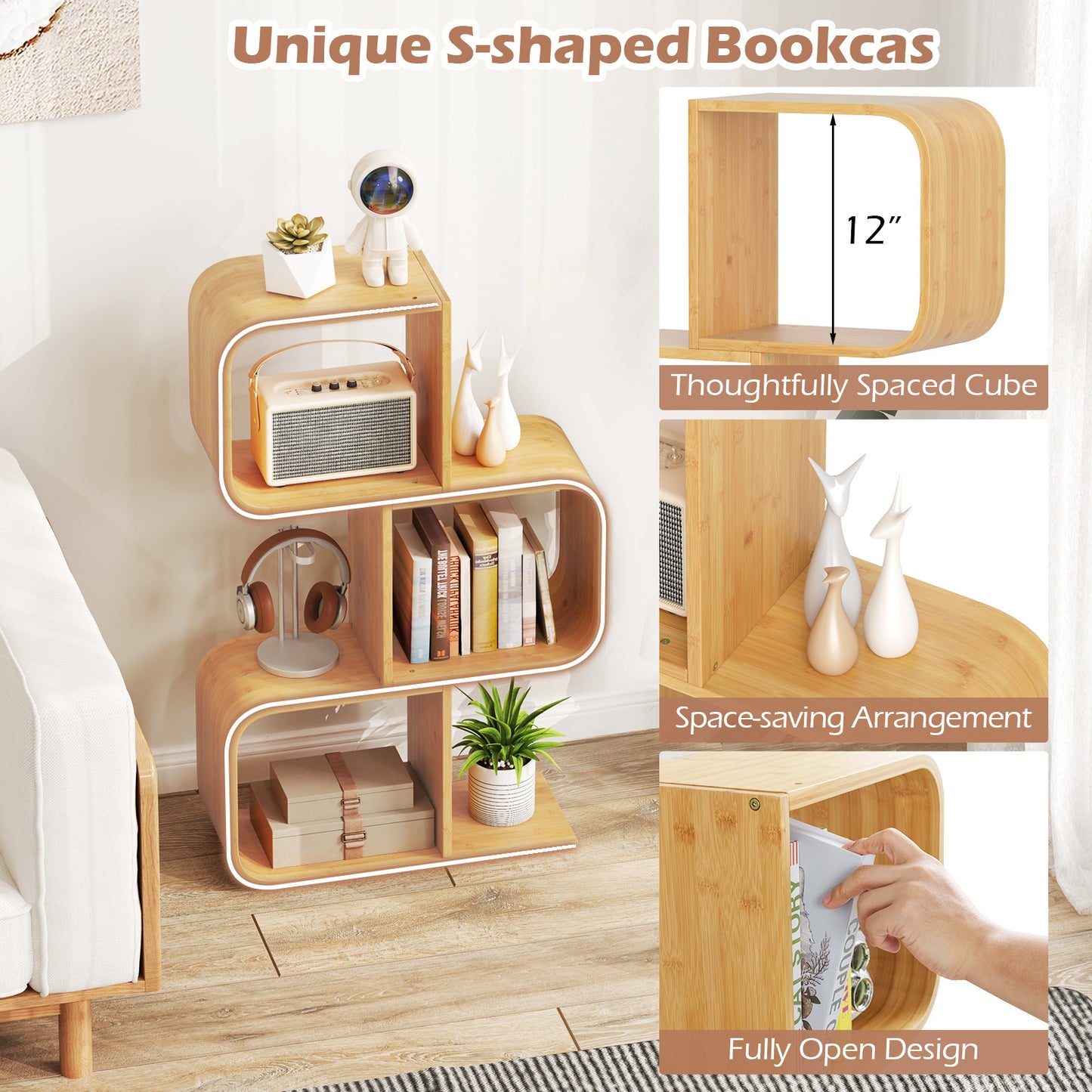 3-Tier S-Shaped Bookcase with 3 Open Cubes for Living Room, Natural Bookcases at Gallery Canada