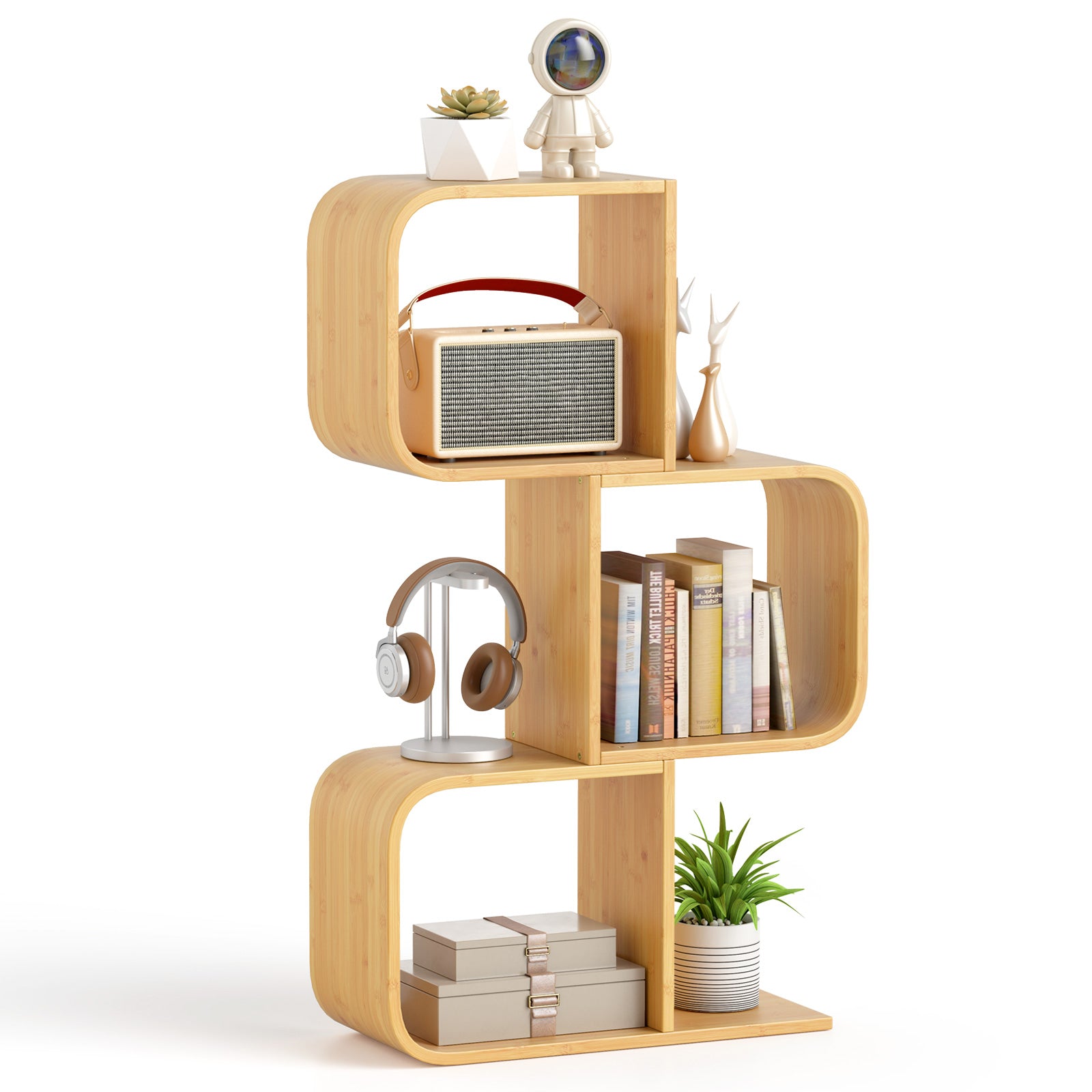 3-Tier S-Shaped Bookcase with 3 Open Cubes for Living Room, Natural Bookcases at Gallery Canada
