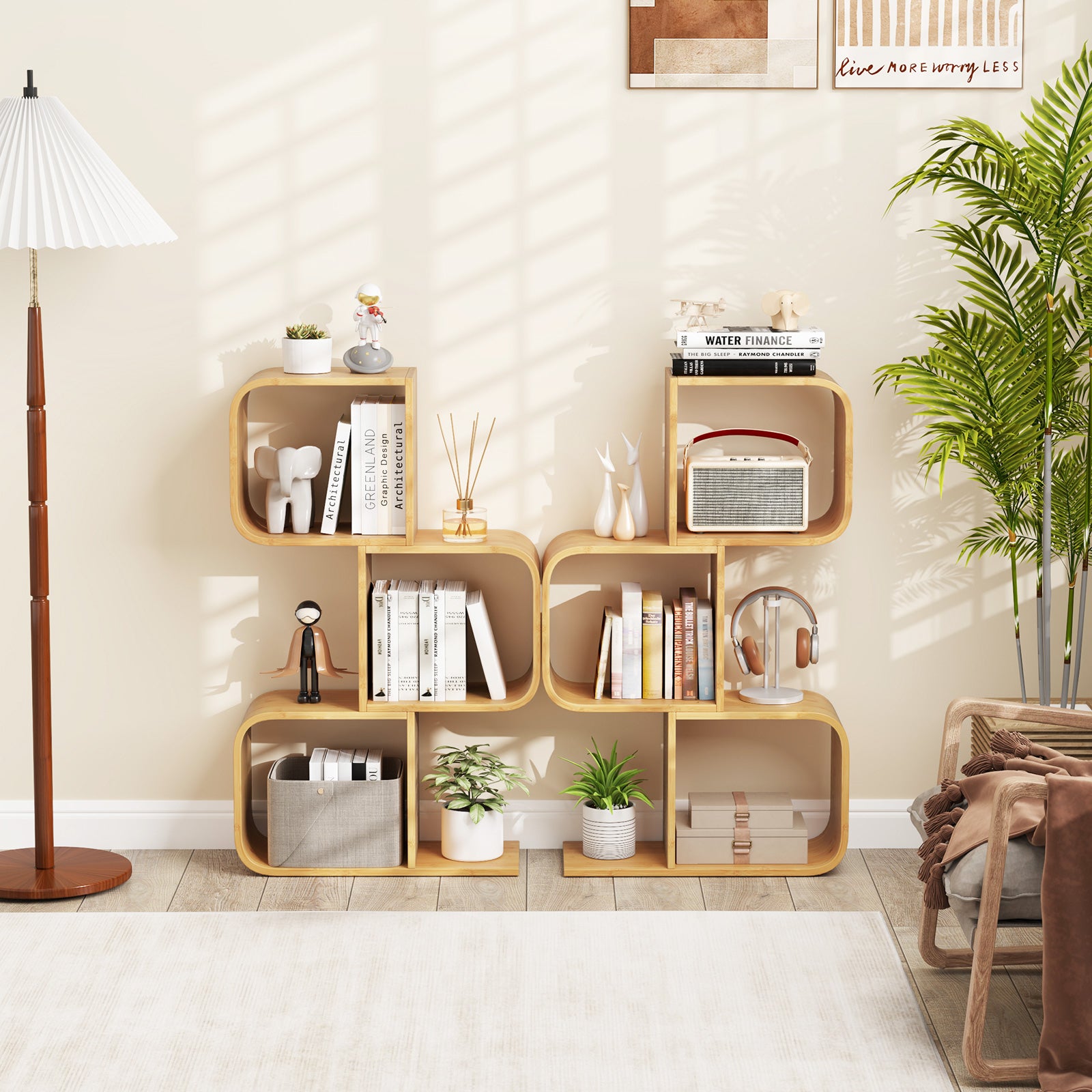 3-Tier S-Shaped Bookcase with 3 Open Cubes for Living Room, Natural Bookcases at Gallery Canada