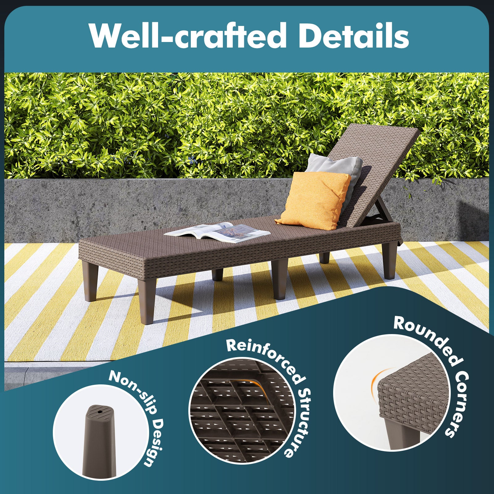 Outdoor Chaise Lounger Chair with Waterproof Rattan Textured PP Surface and 330 lbs Capacity, Brown Outdoor Chaise Lounges at Gallery Canada