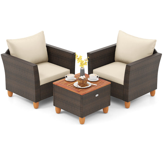 Patio Rattan Bistro Set, 3 Pieces, Wooden Table Top, Brown