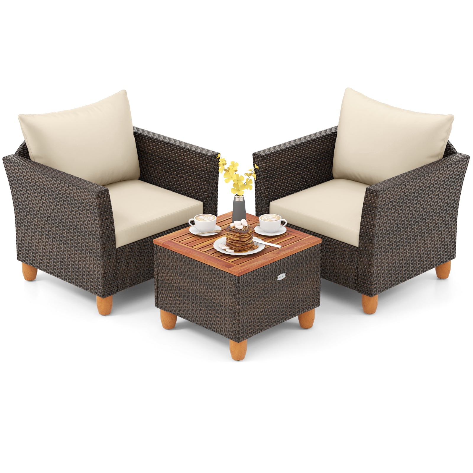 3 Pieces Patio Rattan Bistro Furniture Set with Wooden Table Top, Brown Patio Conversation Sets Brown at Gallery Canada
