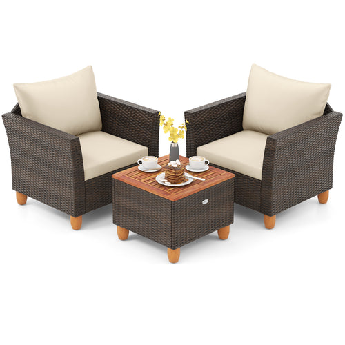 3 Pieces Patio Rattan Bistro Furniture Set with Wooden Table Top, Brown