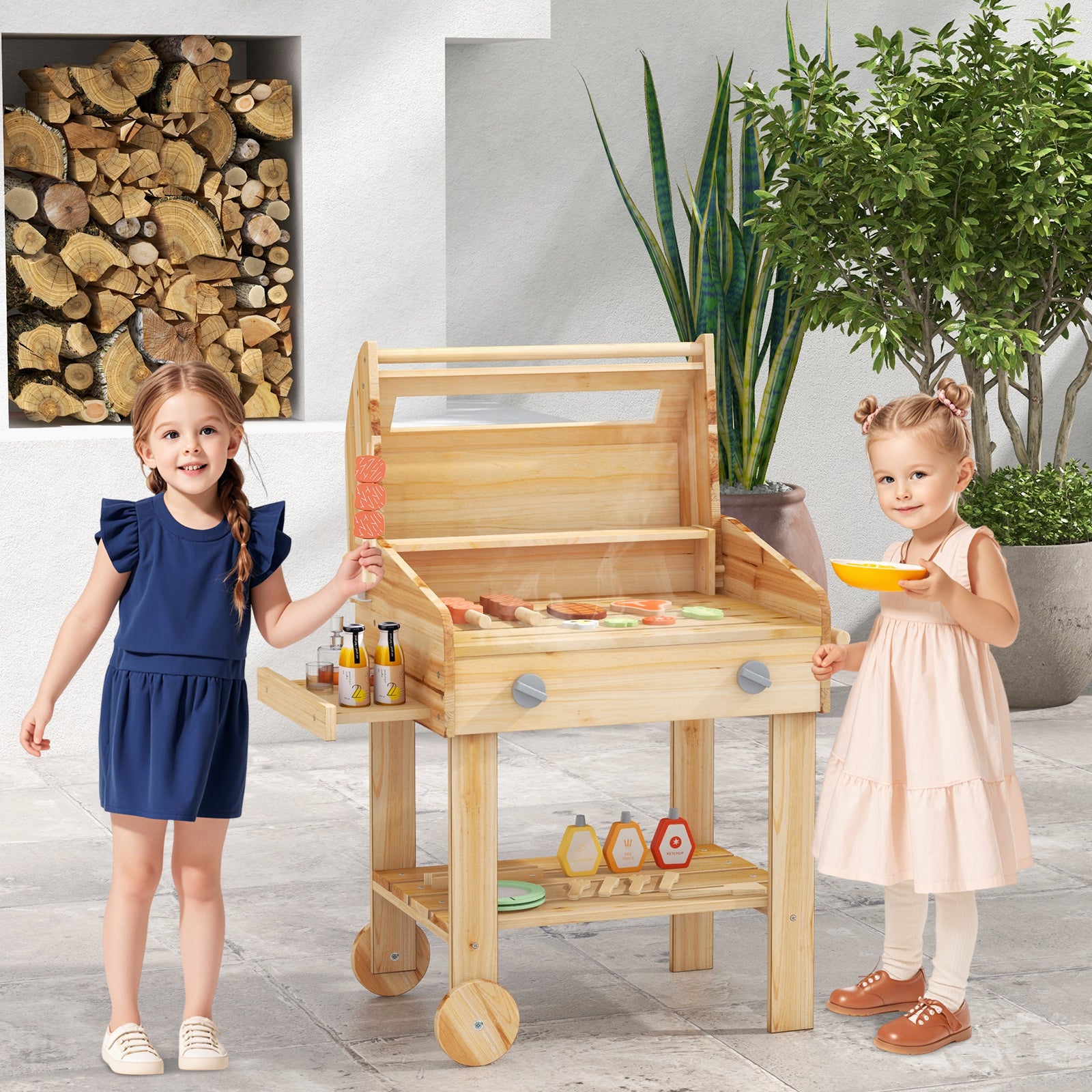 Kids Wooden Barbecue Grill Playset Pretend Kitchen with Food and Wheels, Natural Play Kitchen Sets at Gallery Canada