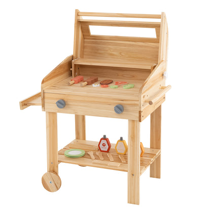 Kids Wooden Barbecue Grill Playset Pretend Kitchen with Food and Wheels, Natural Play Kitchen Sets at Gallery Canada