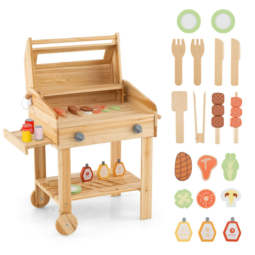 Kids Wooden Barbecue Grill Playset, Pretend Kitchen, Food And Wheels, Natural