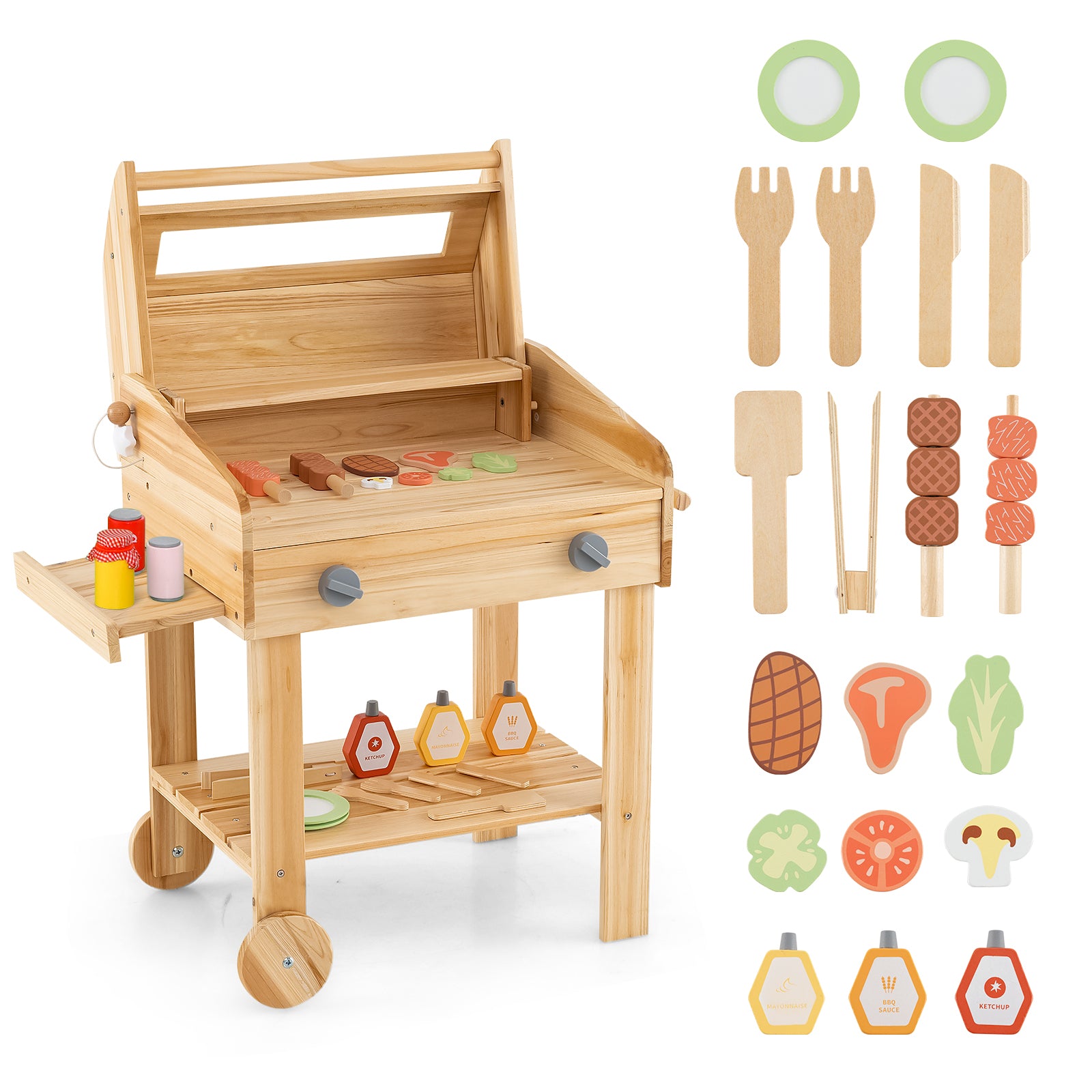 Kids Wooden Barbecue Grill Playset Pretend Kitchen with Food and Wheels, Natural Play Kitchen Sets Natural at Gallery Canada