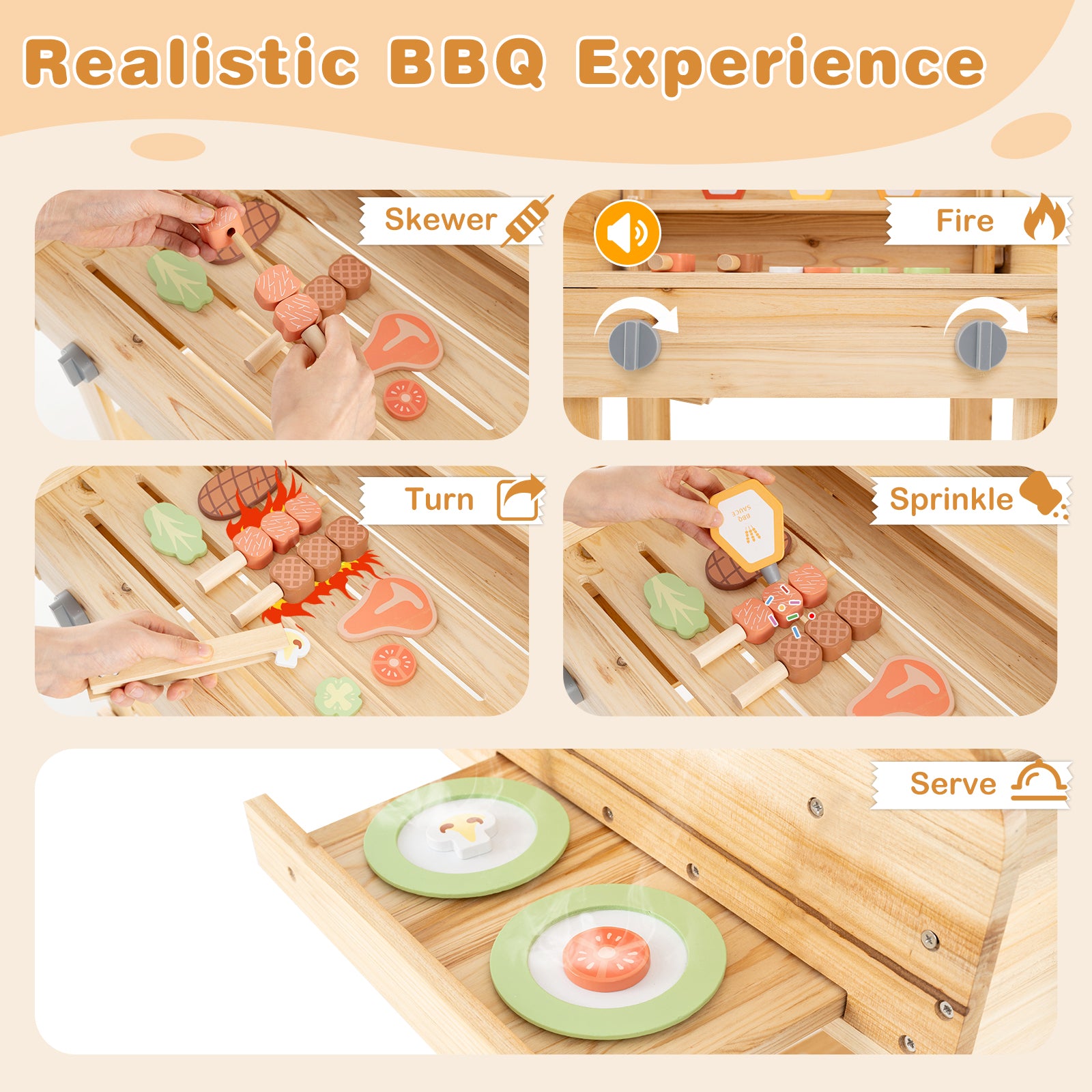 Kids Wooden Barbecue Grill Playset Pretend Kitchen with Food and Wheels, Natural Play Kitchen Sets at Gallery Canada