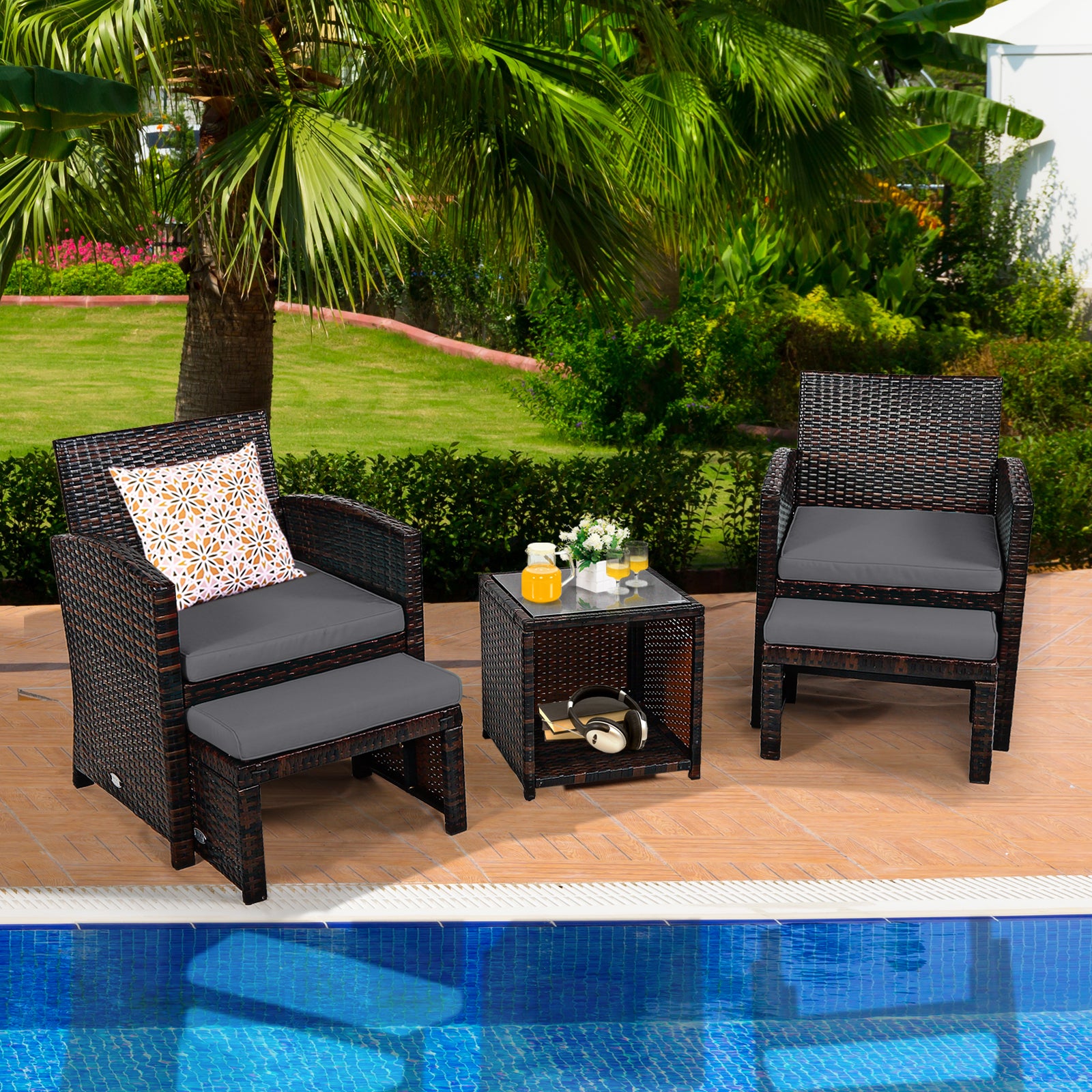 5 Pieces Patio Rattan Furniture Set with Ottoman and Tempered Glass Coffee Table, Gray Outdoor Seating & Patio Chairs at Gallery Canada