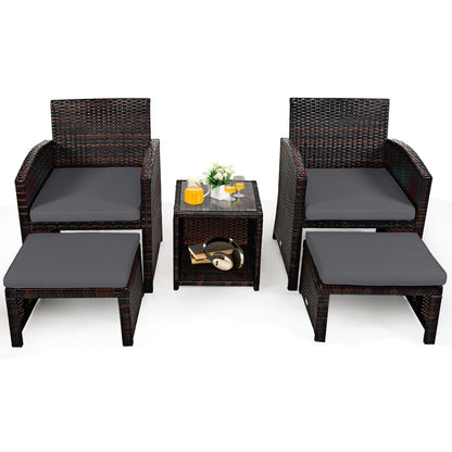 5 Pieces Patio Rattan Furniture Set with Ottoman and Tempered Glass Coffee Table, Gray Outdoor Seating & Patio Chairs at Gallery Canada