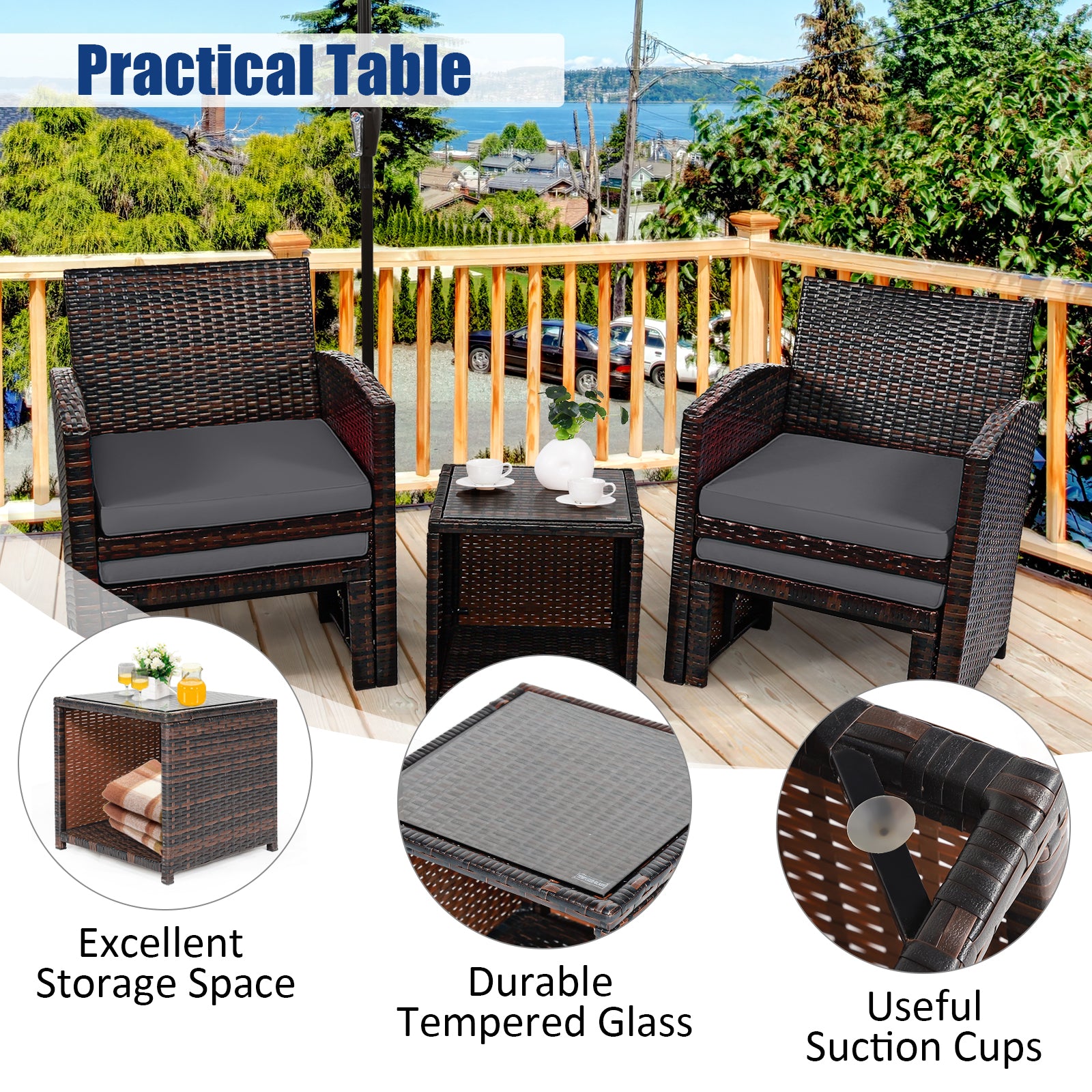 5 Pieces Patio Rattan Furniture Set with Ottoman and Tempered Glass Coffee Table, Gray Outdoor Seating & Patio Chairs at Gallery Canada