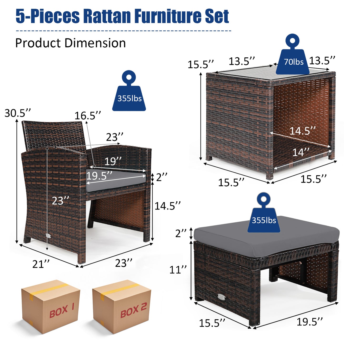 5 Pieces Patio Rattan Furniture Set with Ottoman and Tempered Glass Coffee Table, Gray Outdoor Seating & Patio Chairs at Gallery Canada