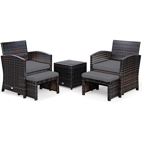 5 Pieces Patio Rattan Furniture Set with Ottoman and Tempered Glass Coffee Table, Gray