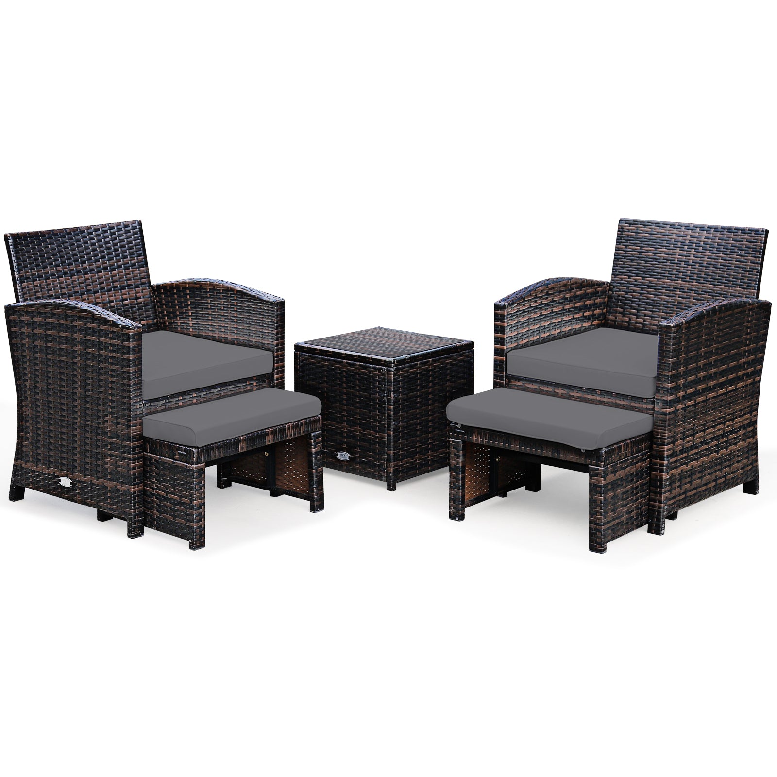 5 Pieces Patio Rattan Furniture Set with Ottoman and Tempered Glass Coffee Table, Gray Outdoor Seating & Patio Chairs at Gallery Canada