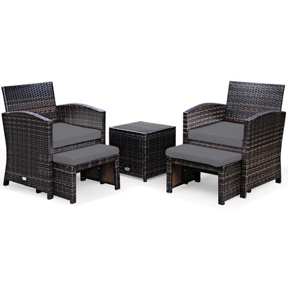 5 Pieces Patio Rattan Furniture Set with Ottoman and Tempered Glass Coffee Table, Gray Outdoor Seating & Patio Chairs at Gallery Canada
