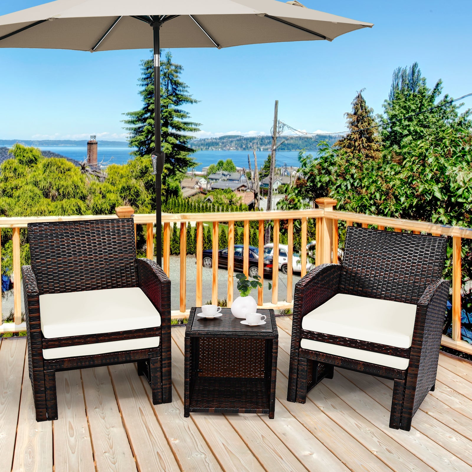 5 Pieces Patio Rattan Furniture Set with Ottoman and Tempered Glass Coffee Table, White Outdoor Seating & Patio Chairs at Gallery Canada