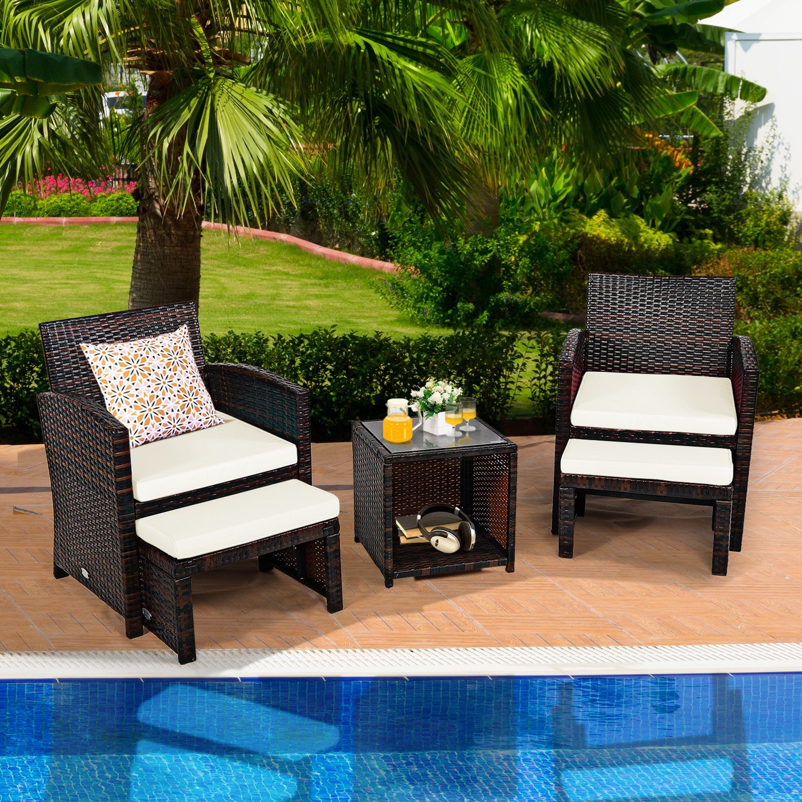 5 Pieces Patio Rattan Furniture Set with Ottoman and Tempered Glass Coffee Table, White Outdoor Seating & Patio Chairs at Gallery Canada