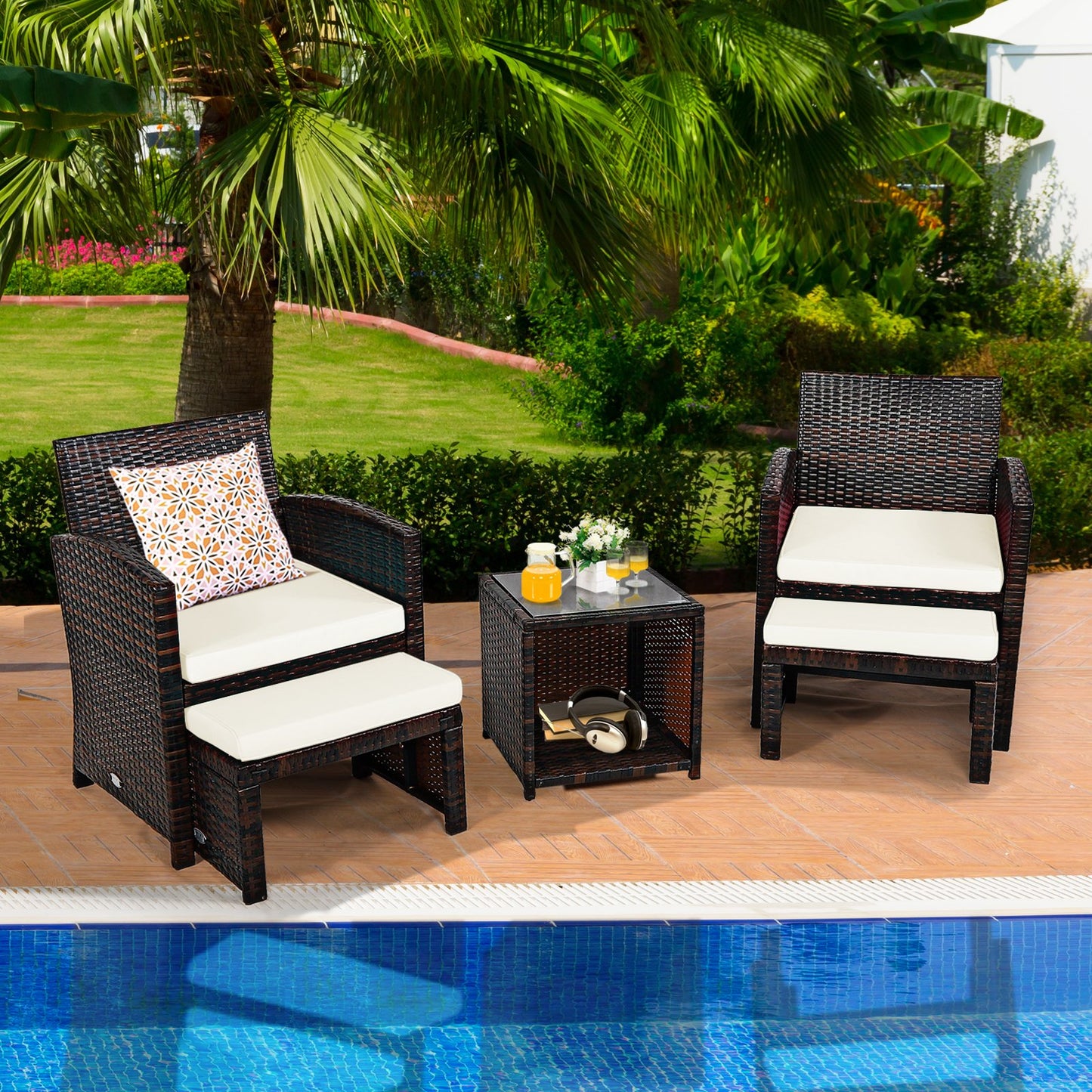 5 Pieces Patio Rattan Furniture Set with Ottoman and Tempered Glass Coffee Table, White Outdoor Seating & Patio Chairs at Gallery Canada