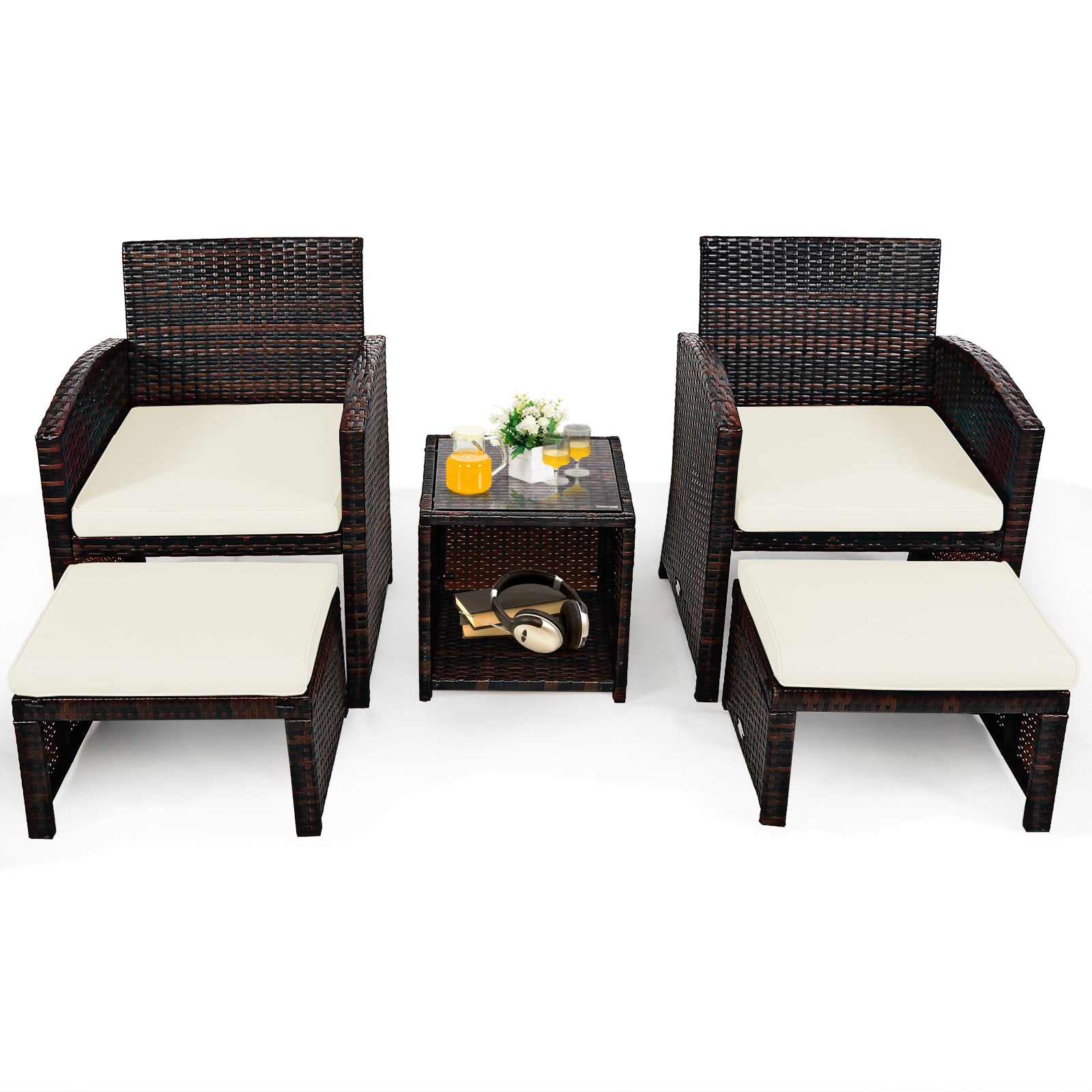 5 Pieces Patio Rattan Furniture Set with Ottoman and Tempered Glass Coffee Table, White Outdoor Seating & Patio Chairs at Gallery Canada